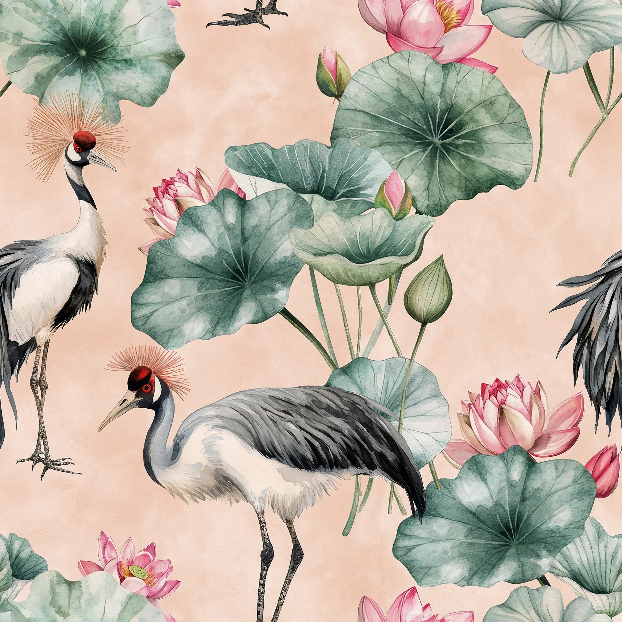 Pattern of cranes and lotus flowers on a pink background