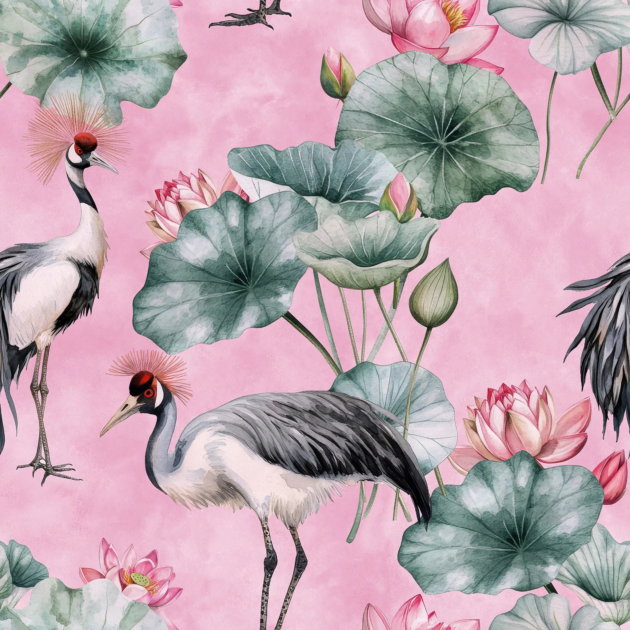 Pattern of cranes and lotus flowers on a pink background