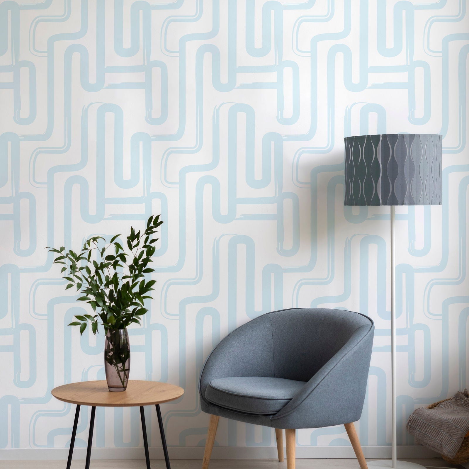 Curved Lines Peel and Stick Wallpaper, Removable Wallpaper, Traditional Wallpaper - Pastel Blue | DeccoPrint