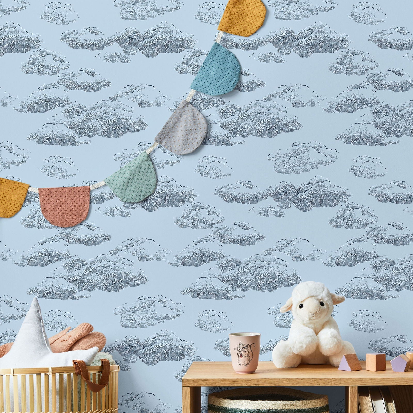 Cute Clouds Peel and Stick Wallpaper, Removable Wallpaper, Traditional Wallpaper - Dark Blue | DeccoPrint