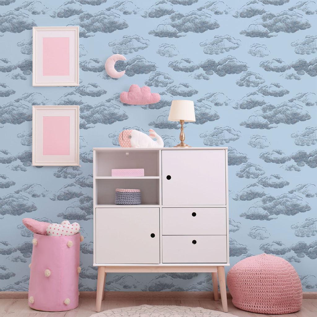 Cute Clouds Wallpaper - Dark Blue | DeccoPrint