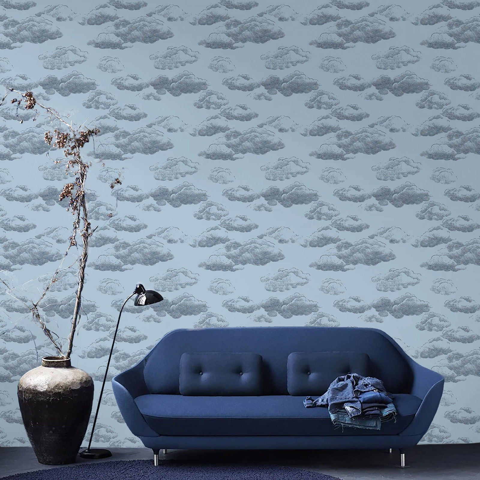 Cute Clouds Peel and Stick Wallpaper, Removable Wallpaper, Traditional Wallpaper - Dark Blue | DeccoPrint