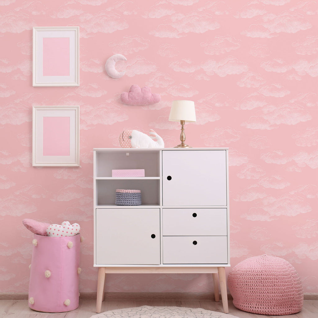 Cute Clouds Wallpaper - Pink | DeccoPrint