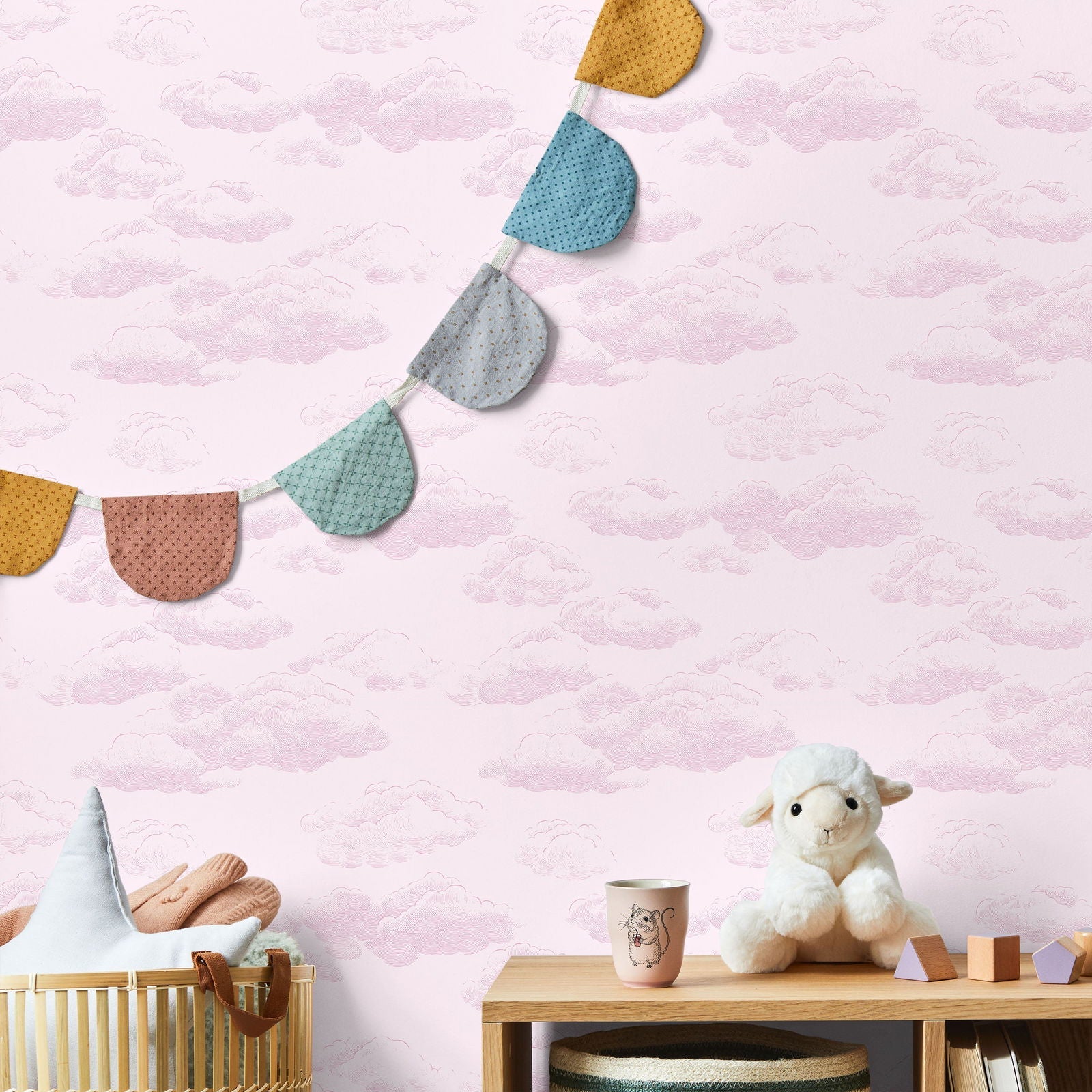 Cute Clouds Peel and Stick Wallpaper, Removable Wallpaper, Traditional Wallpaper - Soft Pink | DeccoPrint