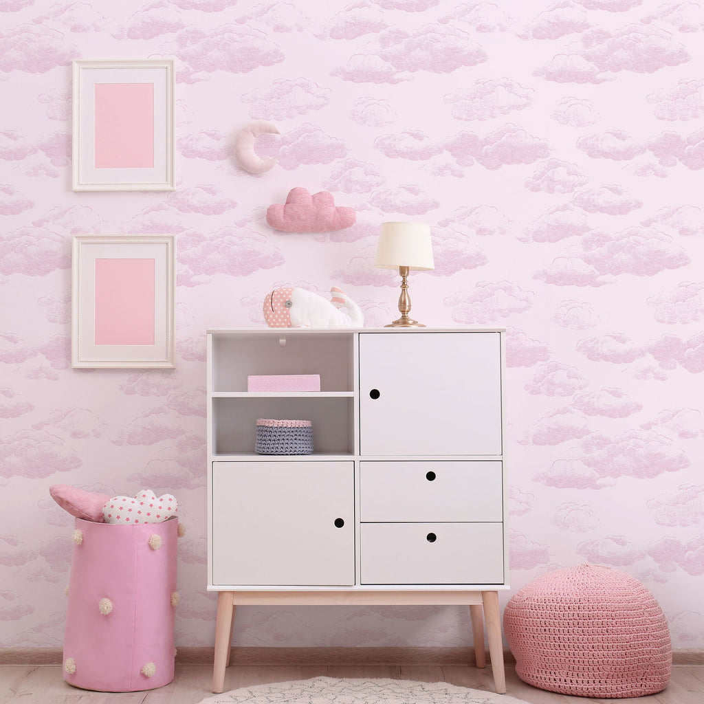 Cute Clouds Wallpaper - Soft Pink | DeccoPrint