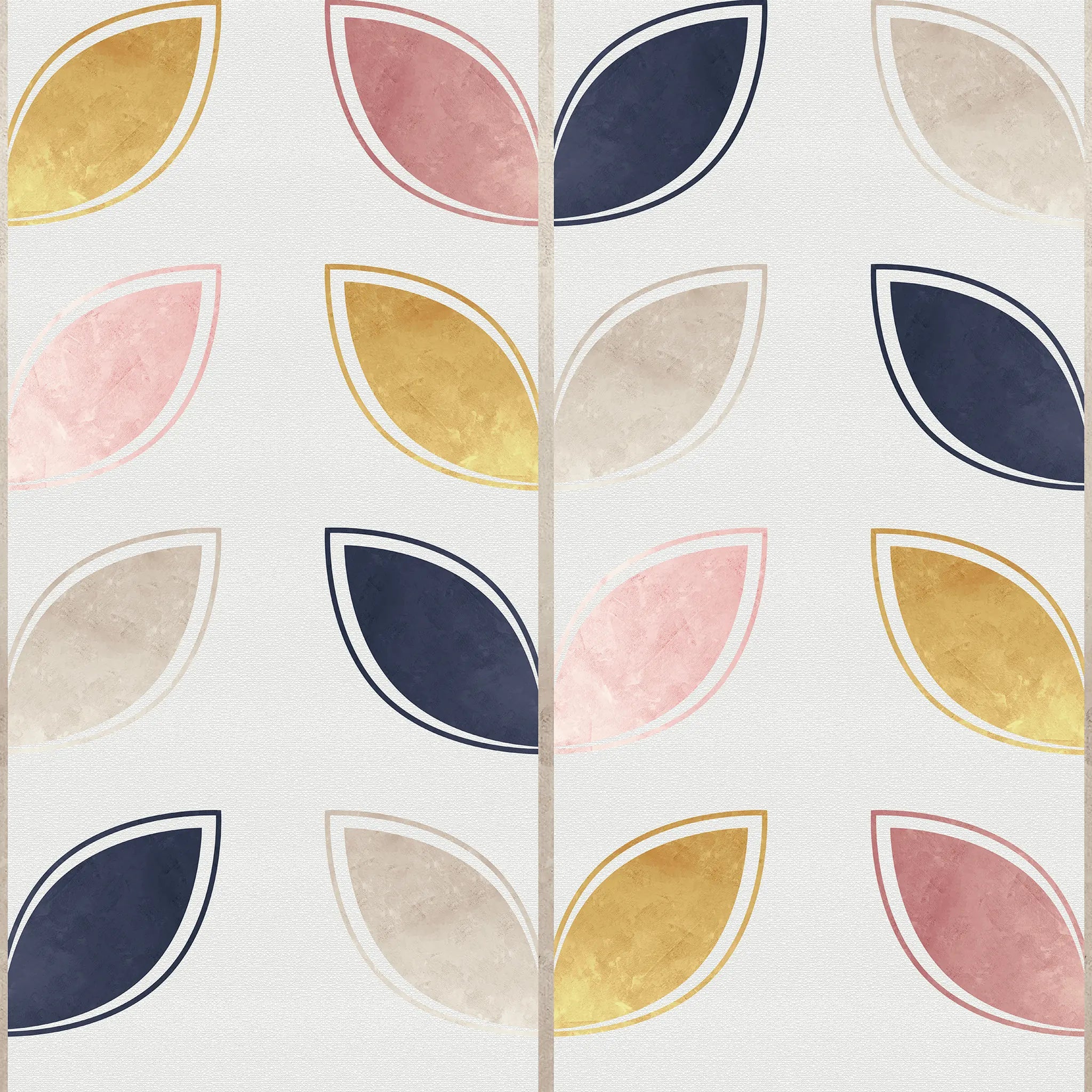 Patterned tiles with colorful leaf shapes on a white background