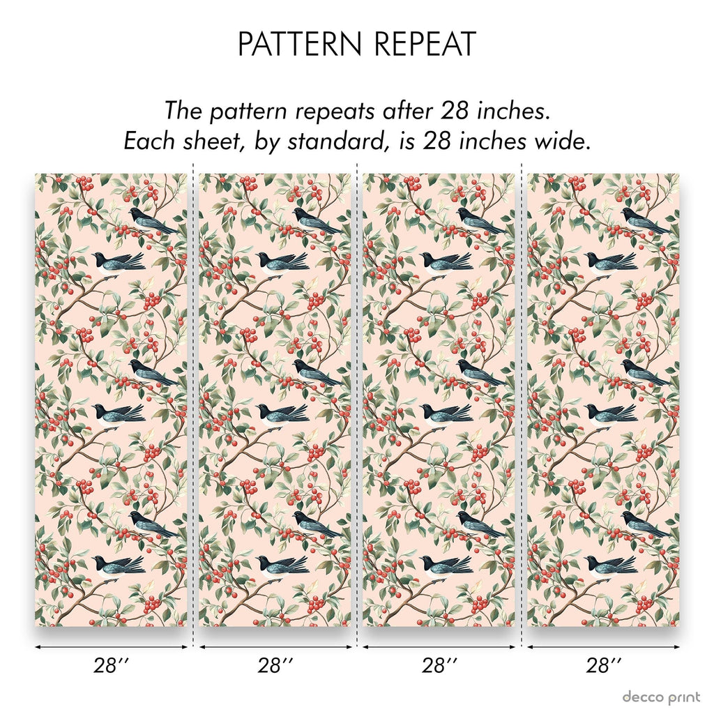 Birds and The Trees Peel and Stick Wallpaper, Removable Wallpaper, Traditional Wallpaper - Pink | DeccoPrint