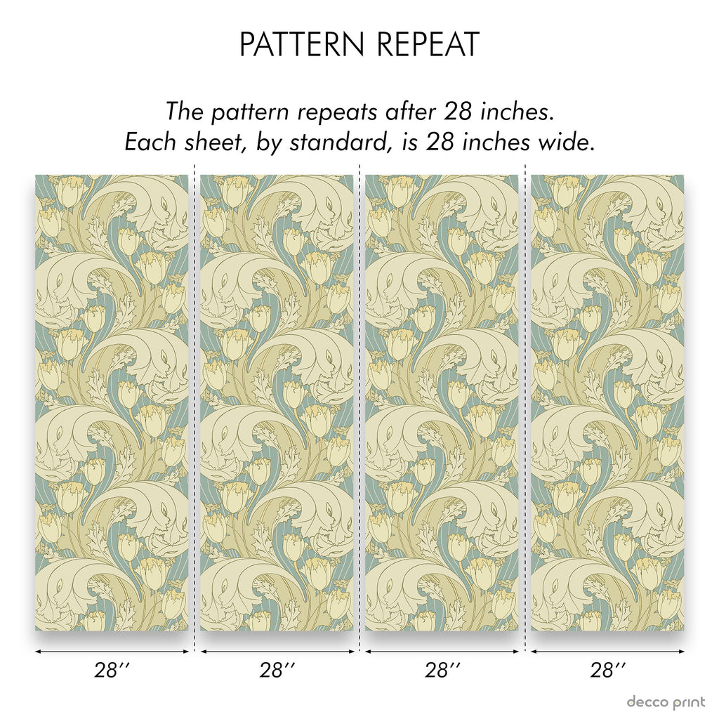 C.F.A. Voysey x Tulips Peel and Stick removable, Traditional Wallpaper - Faded Blue | DeccoPrint