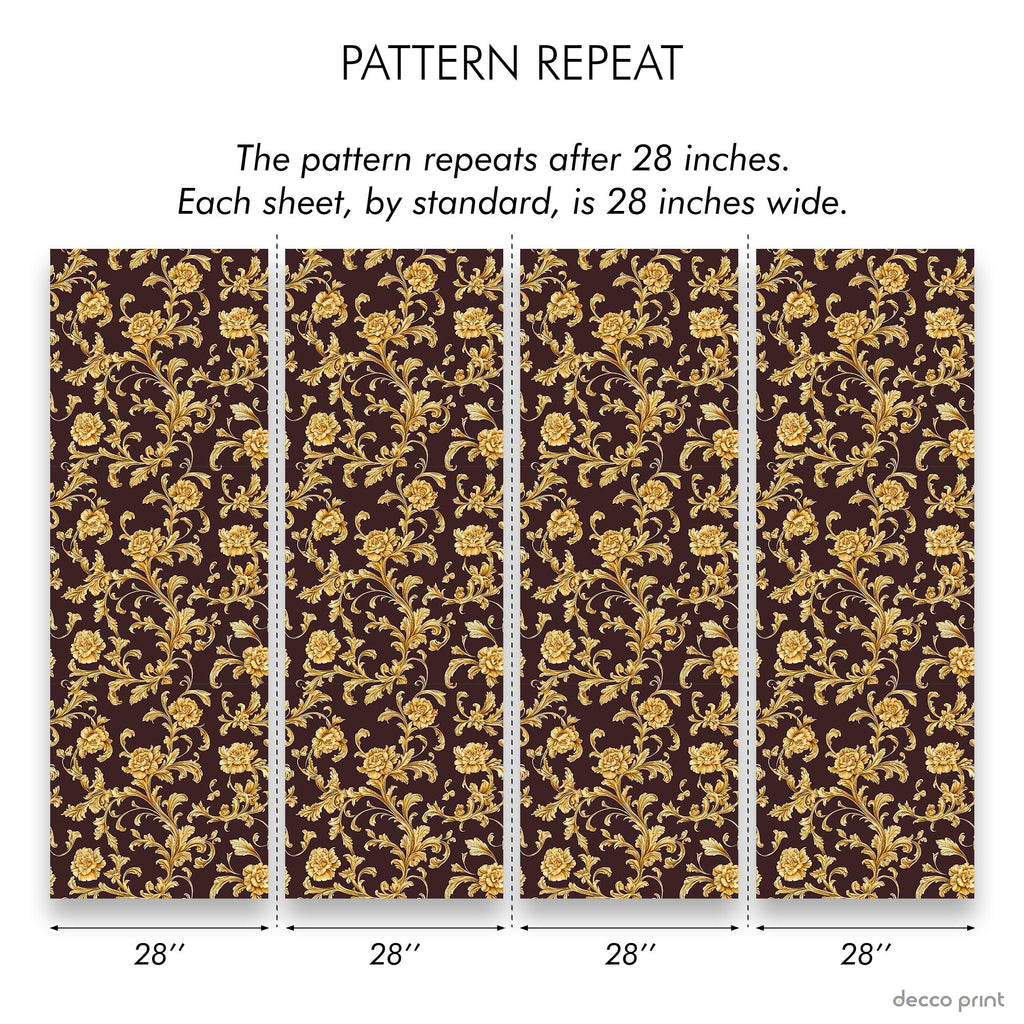Baroque Floral Peel and Stick removable, Traditional Wallpaper - Burgundy Brown | DeccoPrint