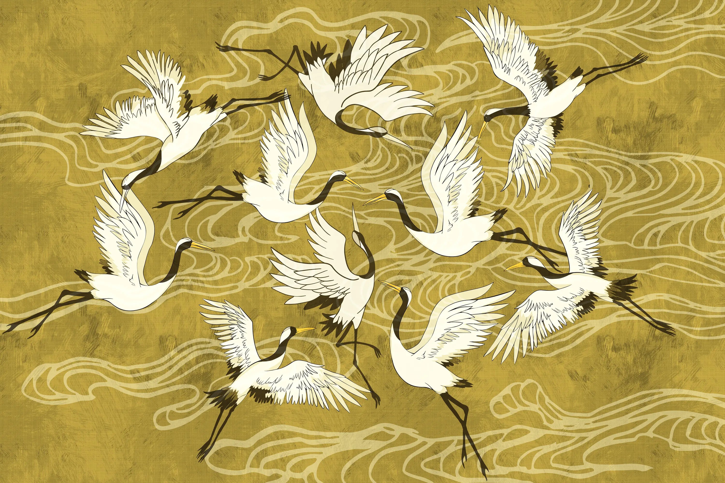 Illustration of cranes on a gold background