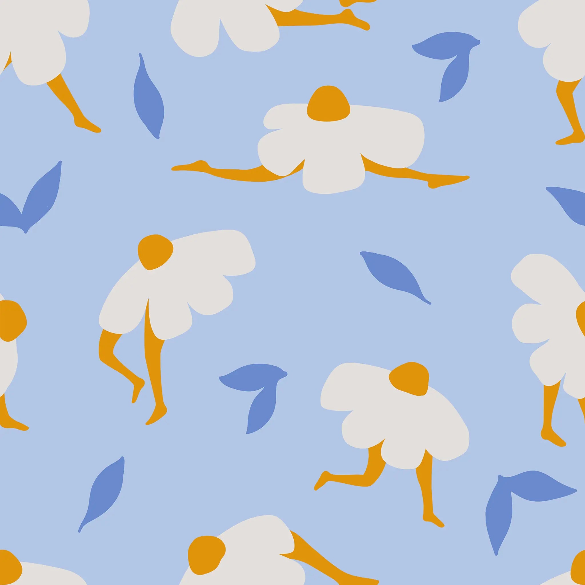 Pattern of stylized dancing flowers on a blue background