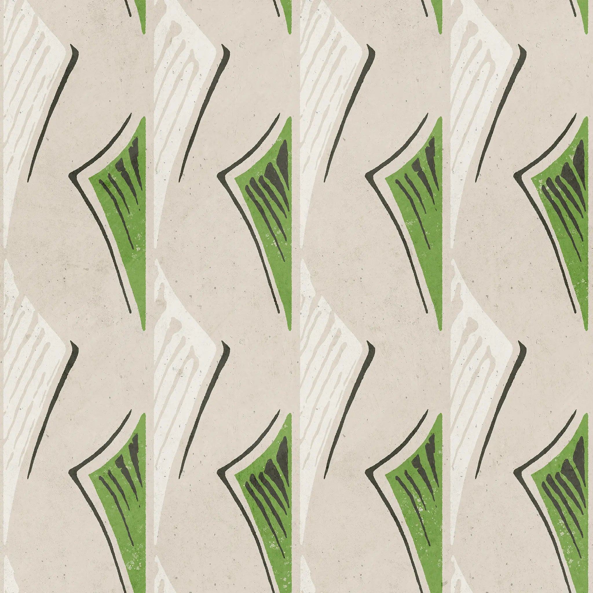 Patterned wallpaper with green and black shapes on a beige background