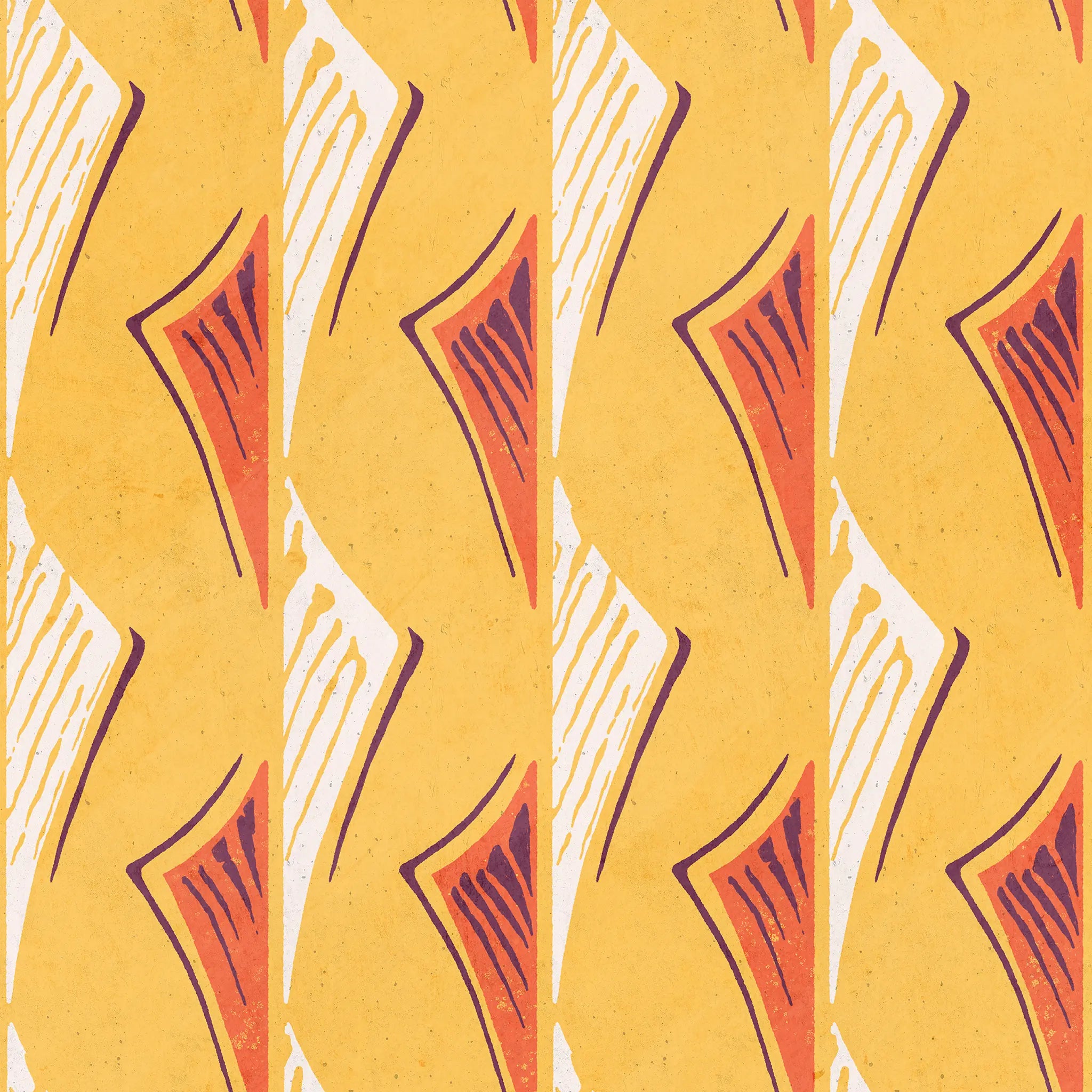 Pattern of red and white shapes on a yellow background
