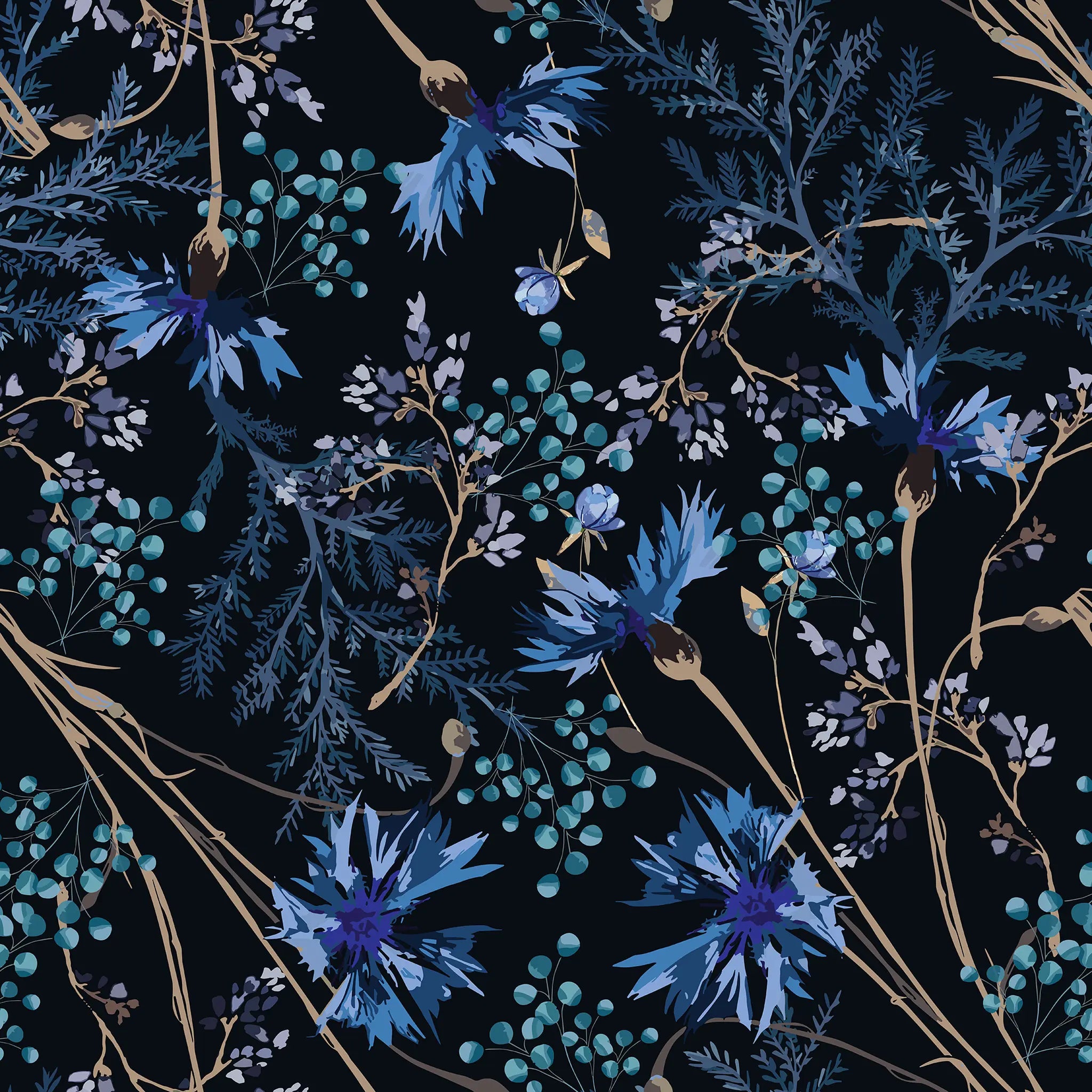 Pattern of blue flowers and green leaves on a dark background