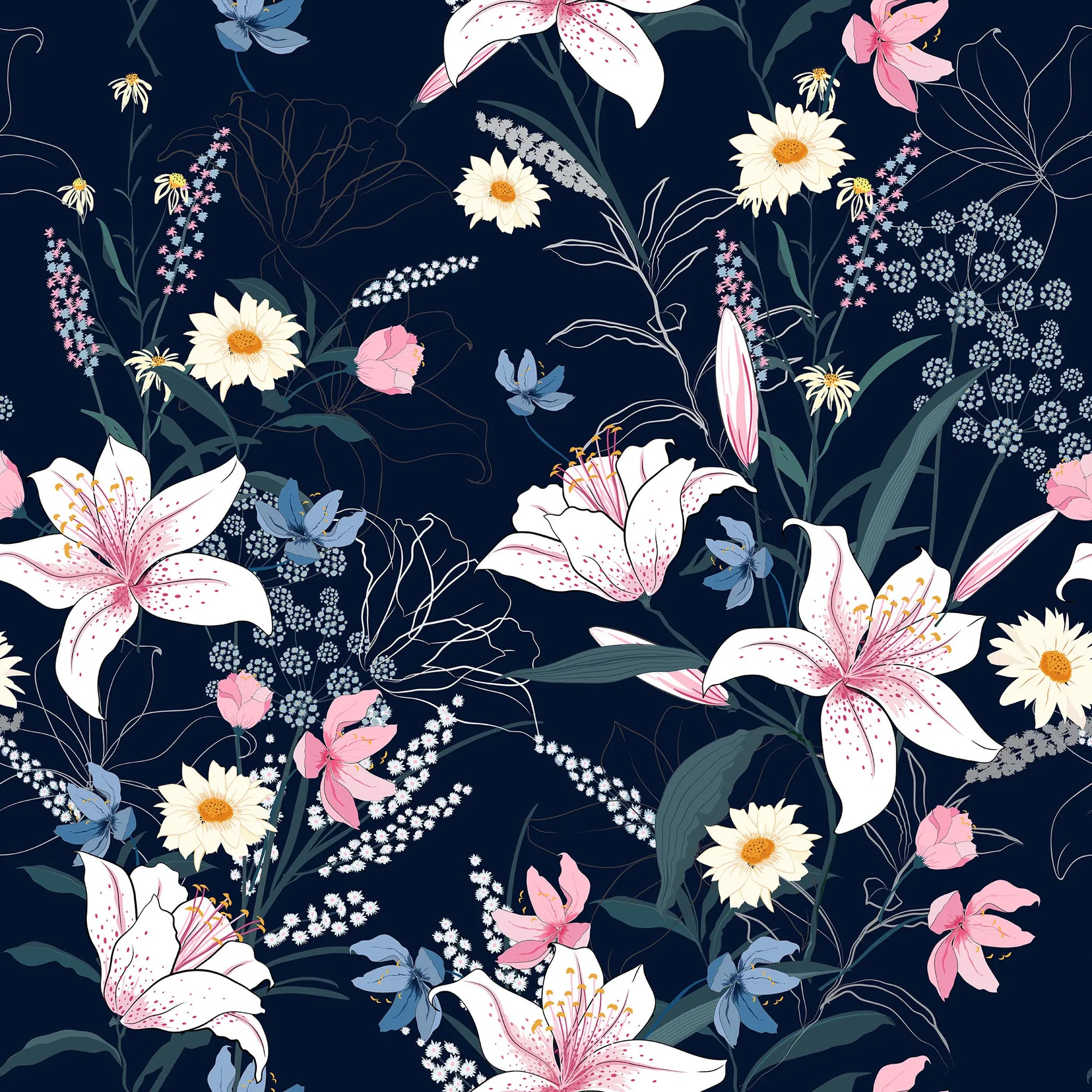 Floral pattern with pink, white, and blue flowers on a dark background