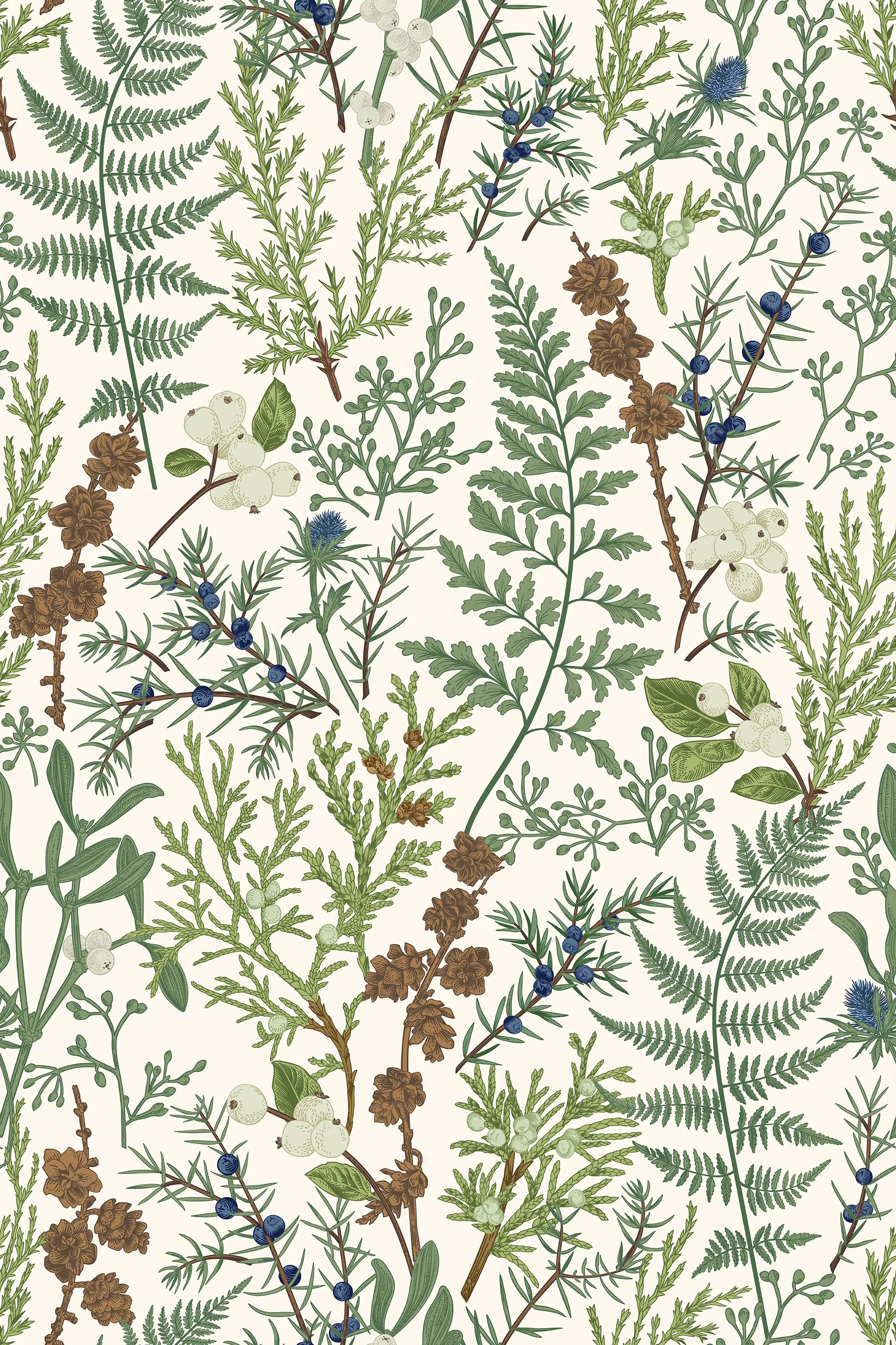 Pattern of various plants including ferns, berries, and cones on a light background