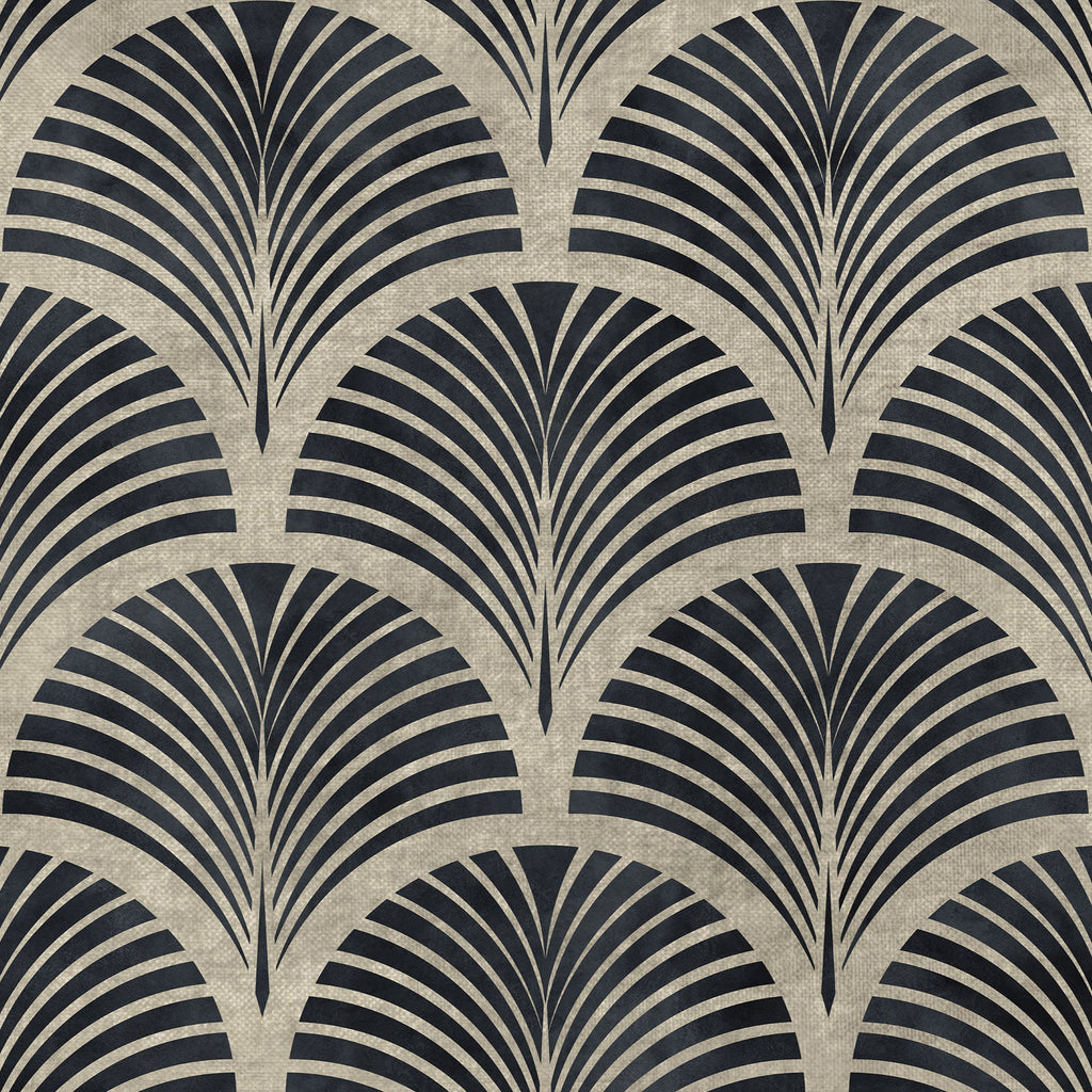 Patterned wallpaper with black and beige fan-shaped design