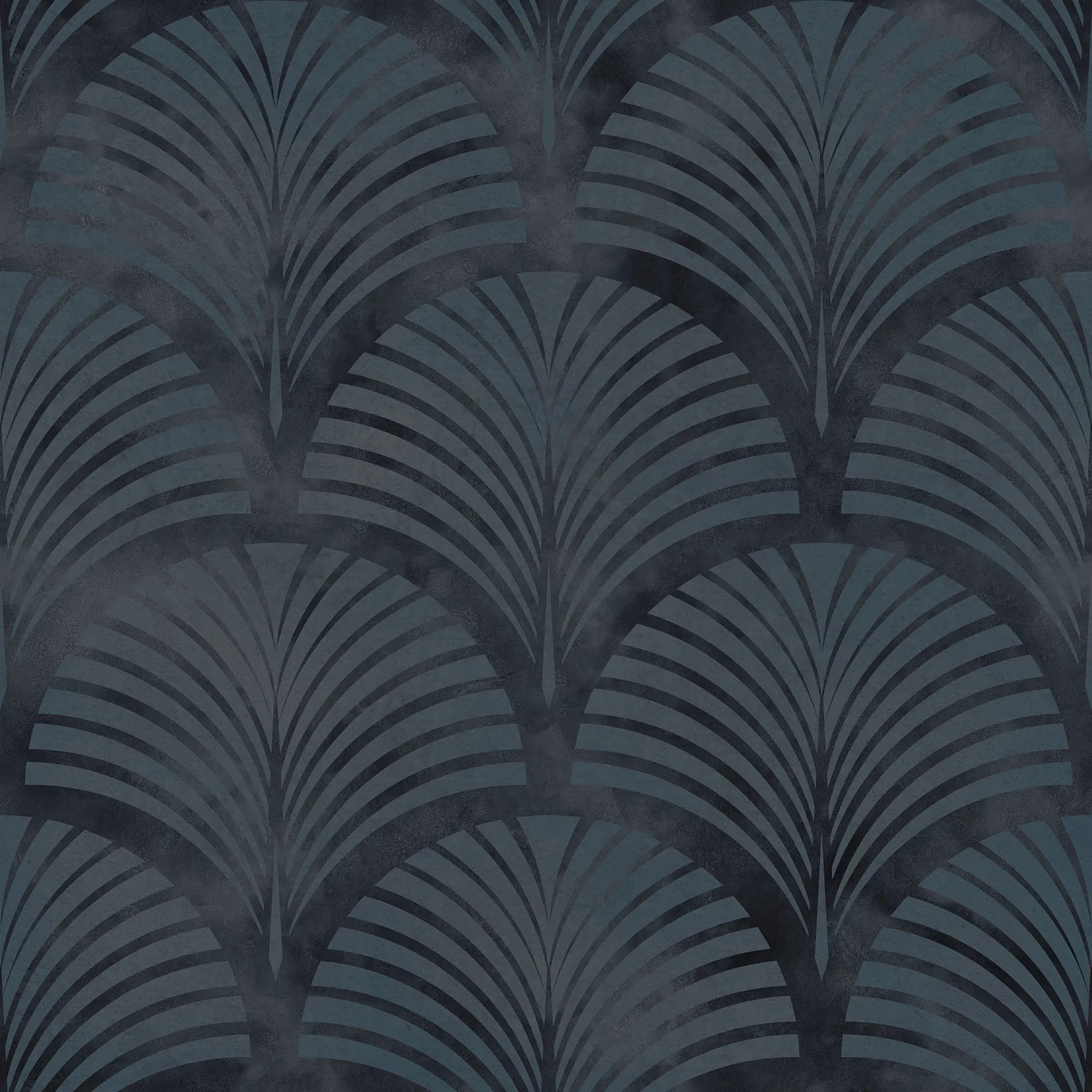 Patterned wallpaper with fan-like design in dark blue tones