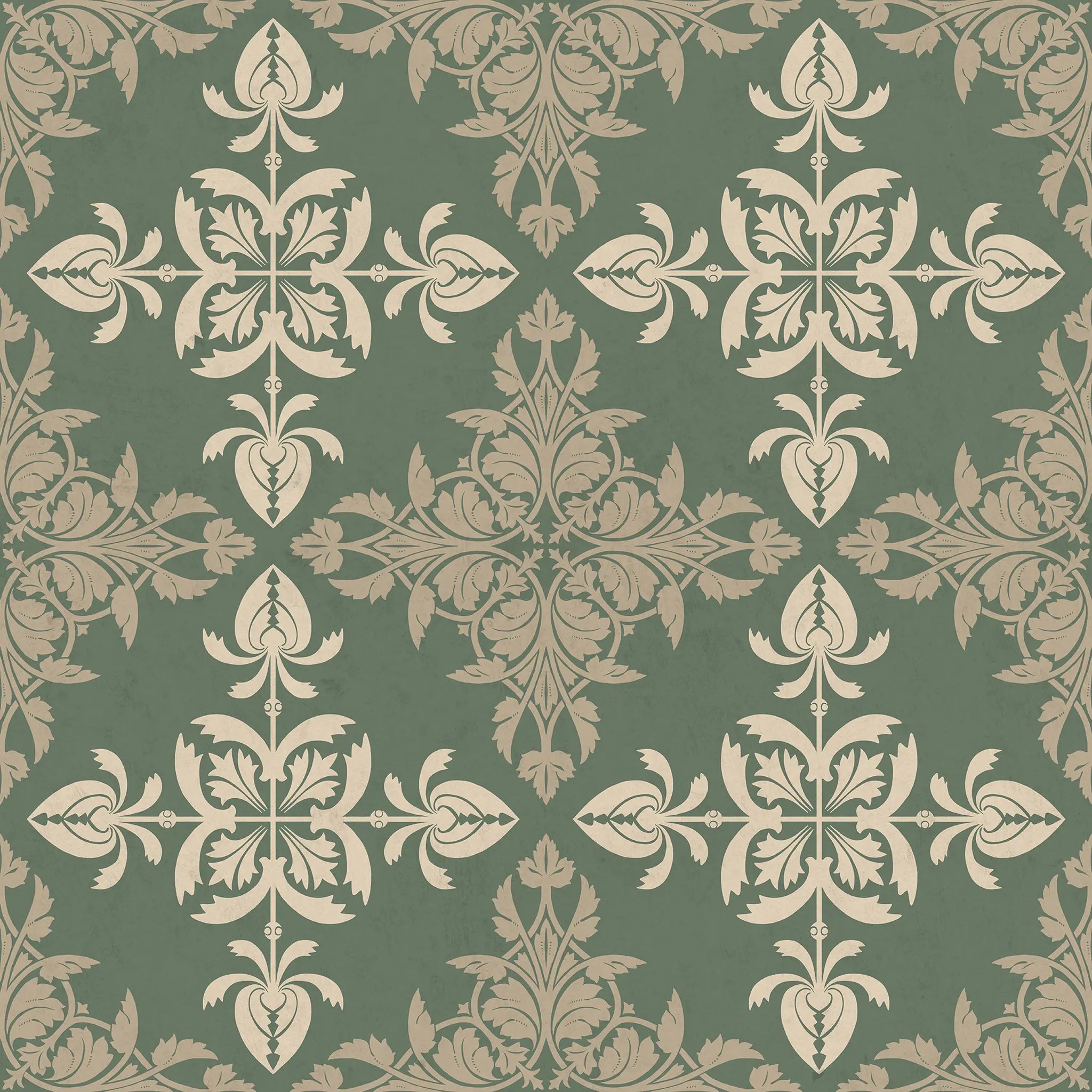Decorative pattern with beige floral elements on a green background