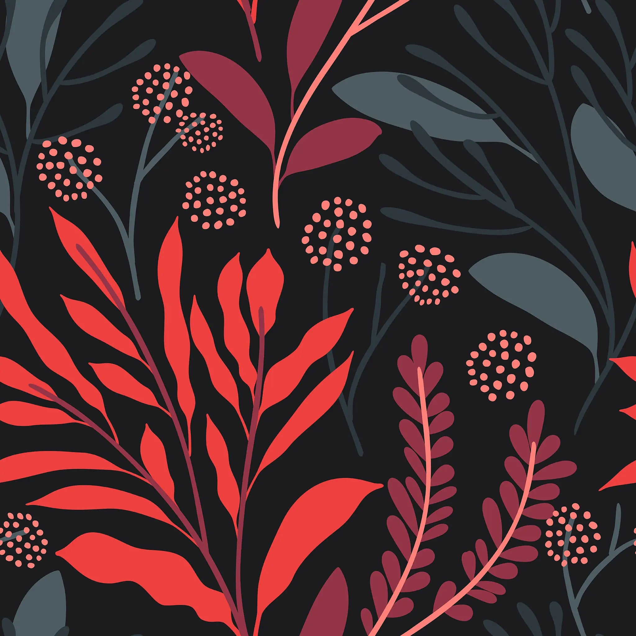 Floral pattern with red and pink leaves on a black background