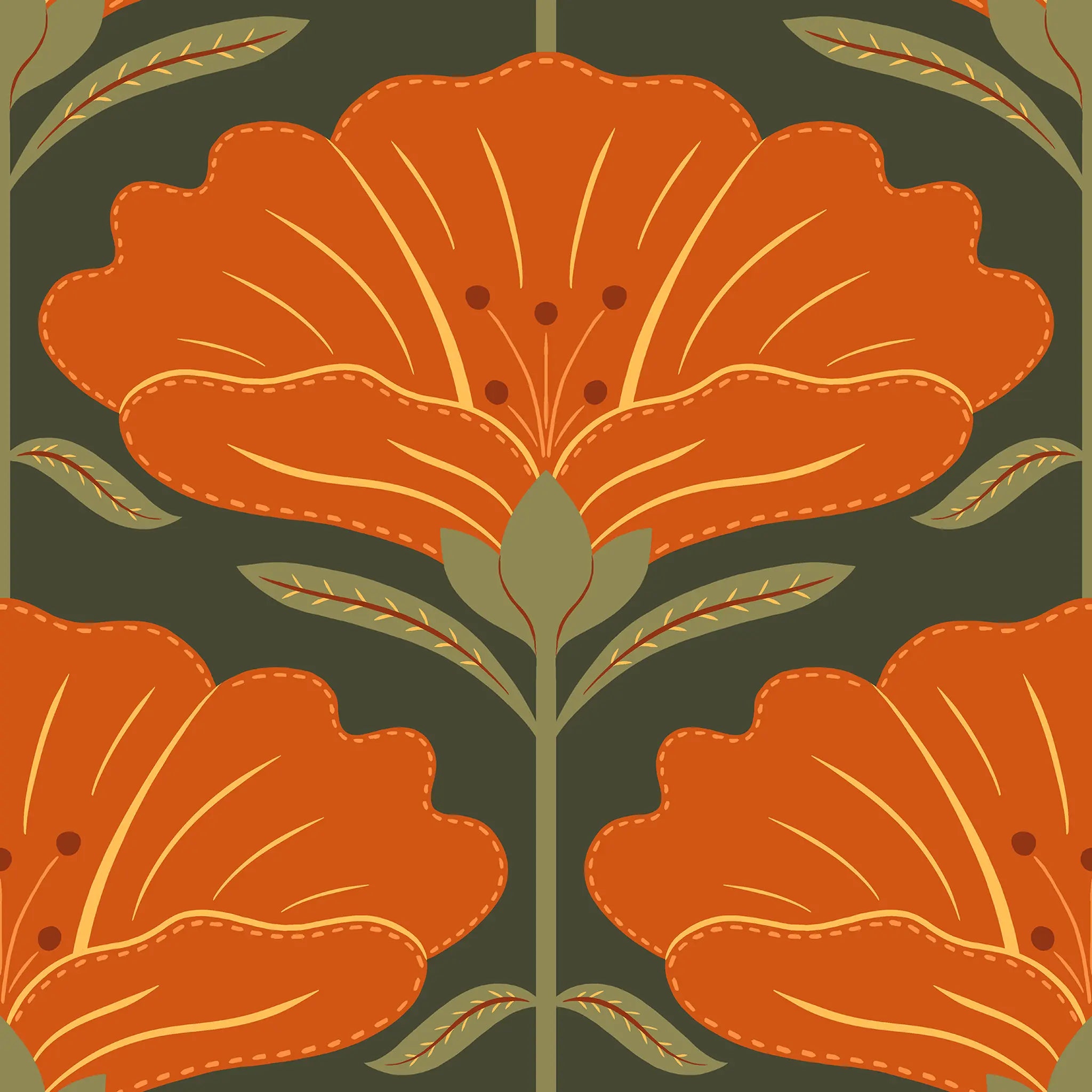 Pattern of orange flowers with green leaves on a dark green background