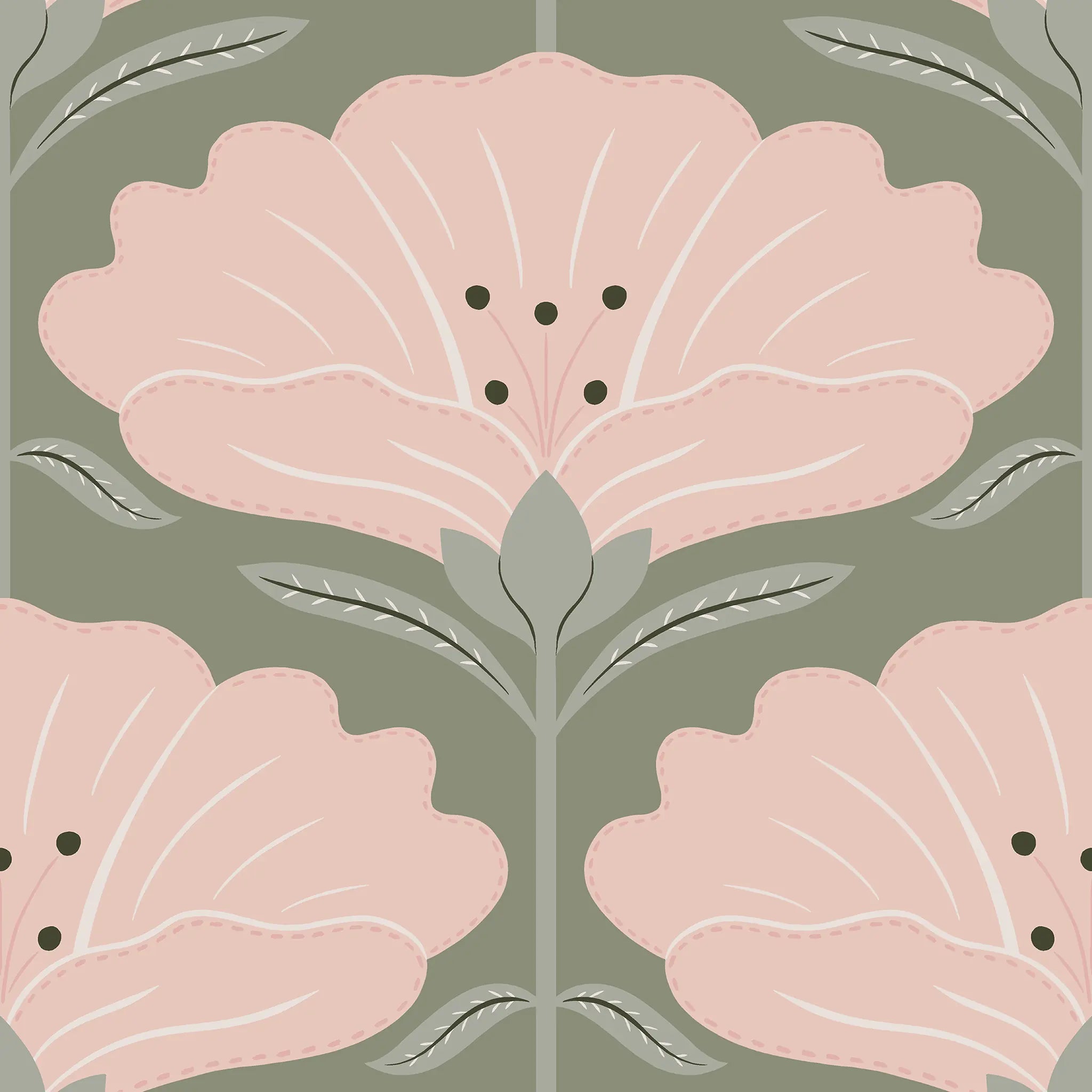Pattern of pink flowers with green leaves on a green background