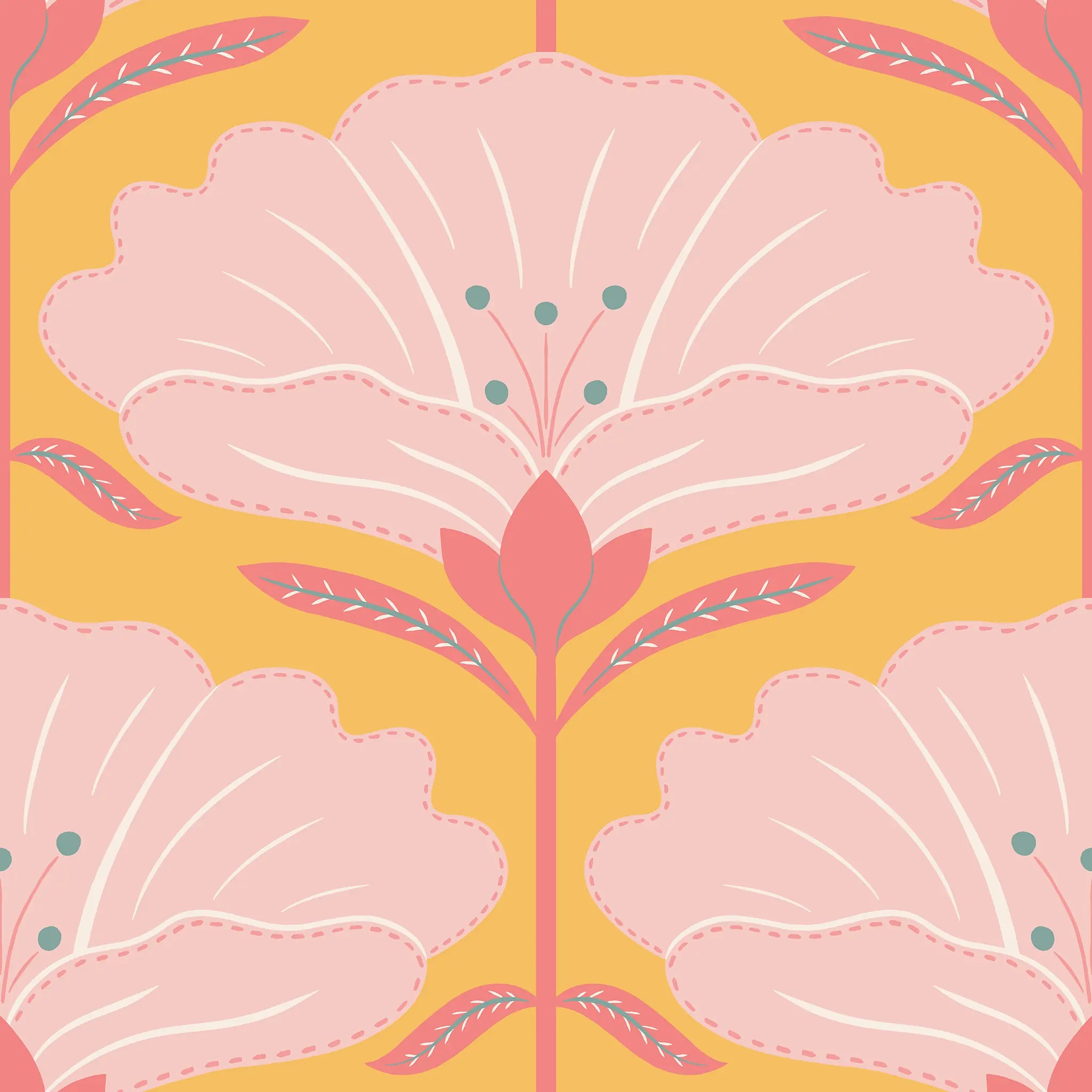 Pattern of pink floral shapes on a yellow background