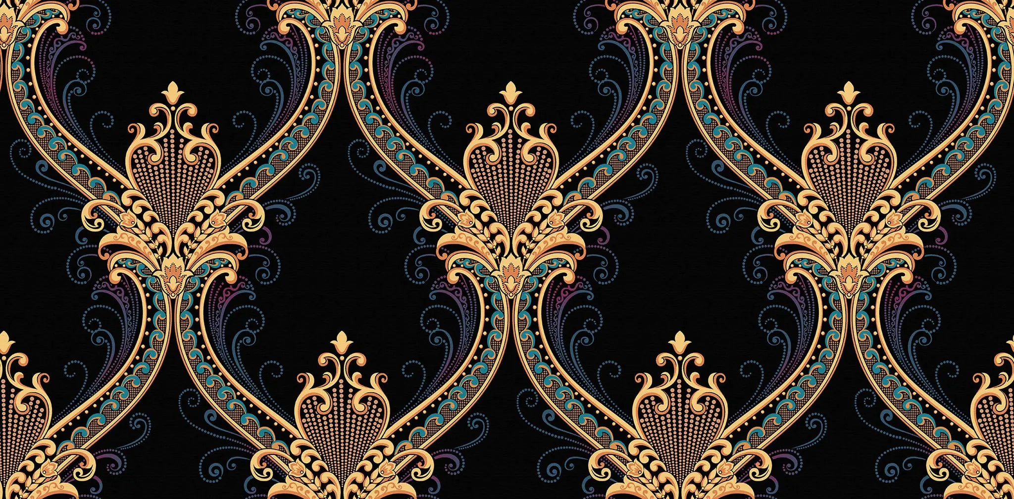 Decorative pattern with gold and blue elements on a black background