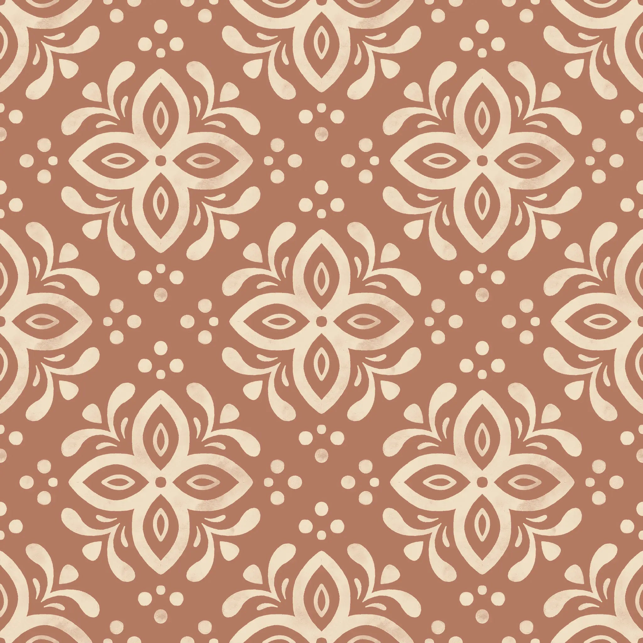 Pattern of white floral designs on a pinkish-brown background