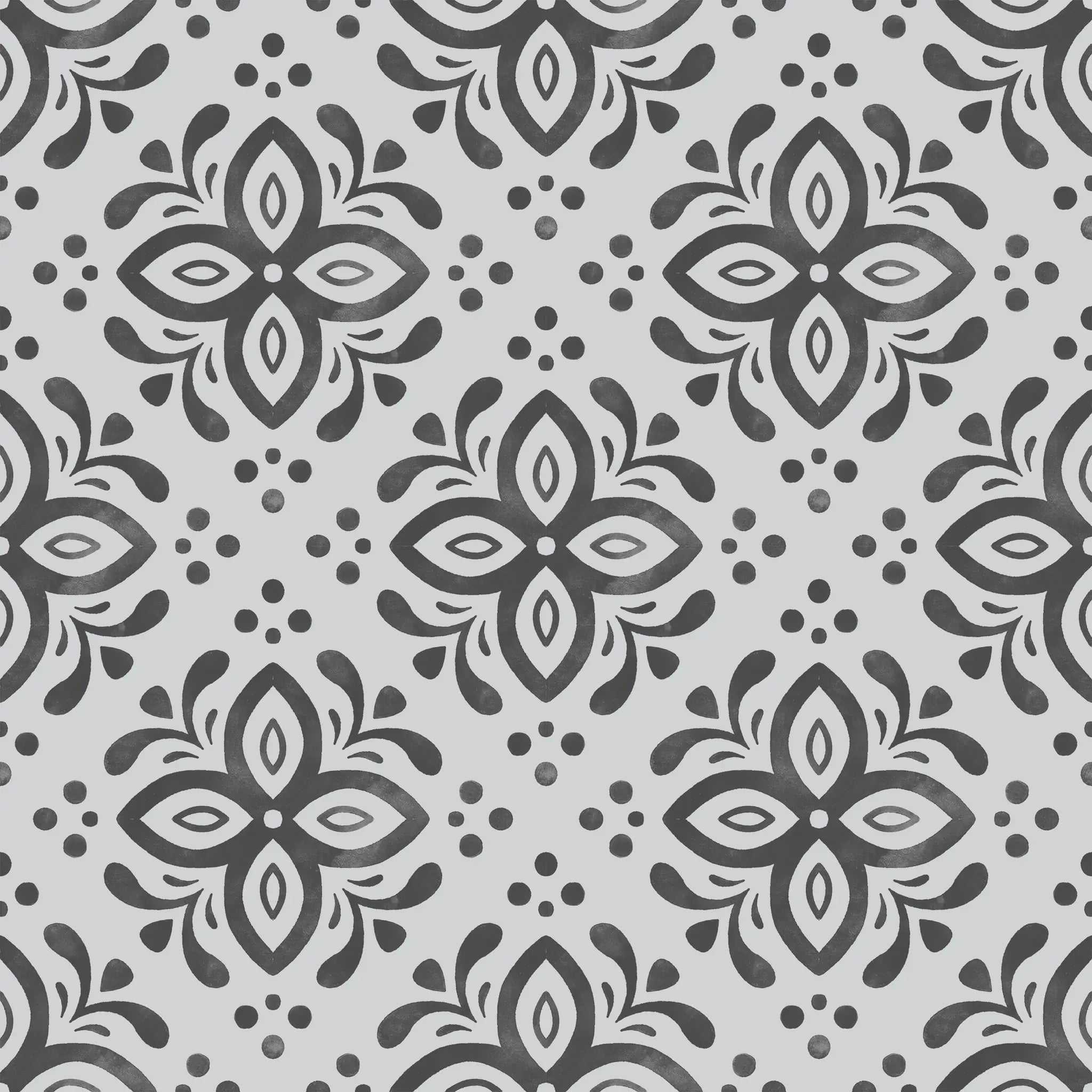 Pattern of black floral shapes on a gray background