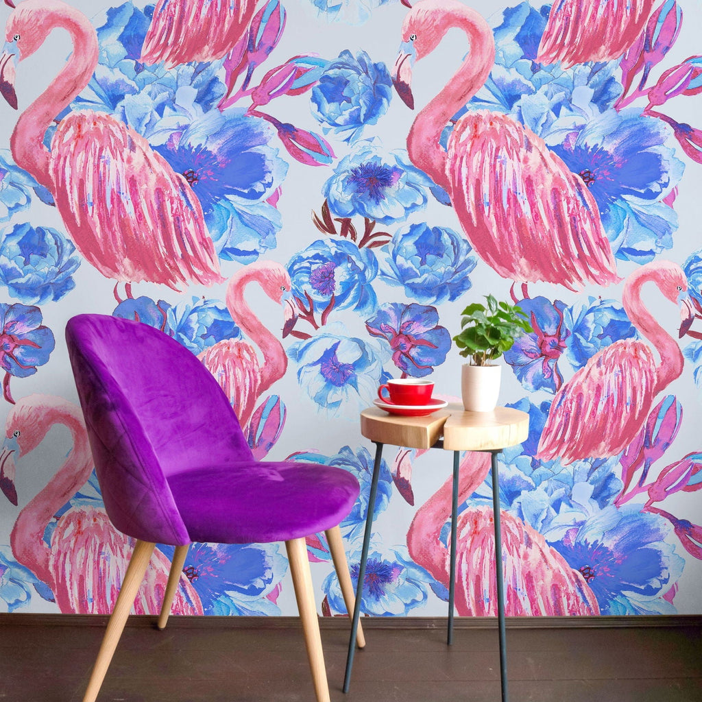 Flamingos with Peonies Peel and Stick Wallpaper, Removable Wallpaper, Traditional Wallpaper | DeccoPrint