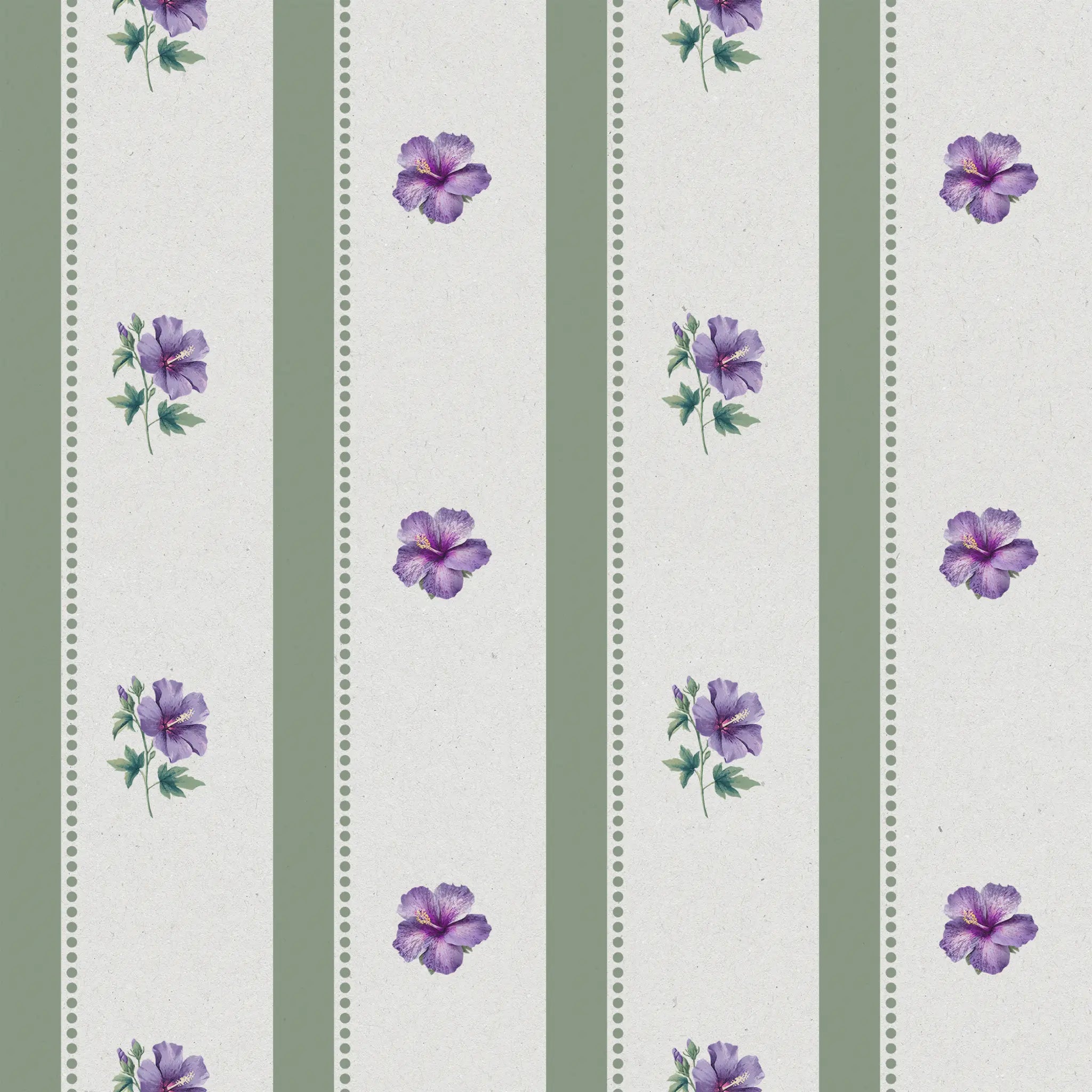 Pattern of purple flowers on a white background with green stripes