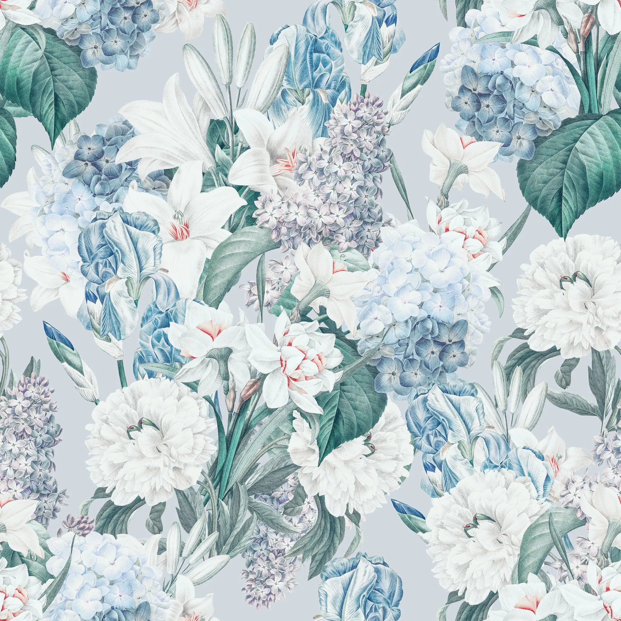 Pattern of blue and white flowers with green leaves on a light gray background
