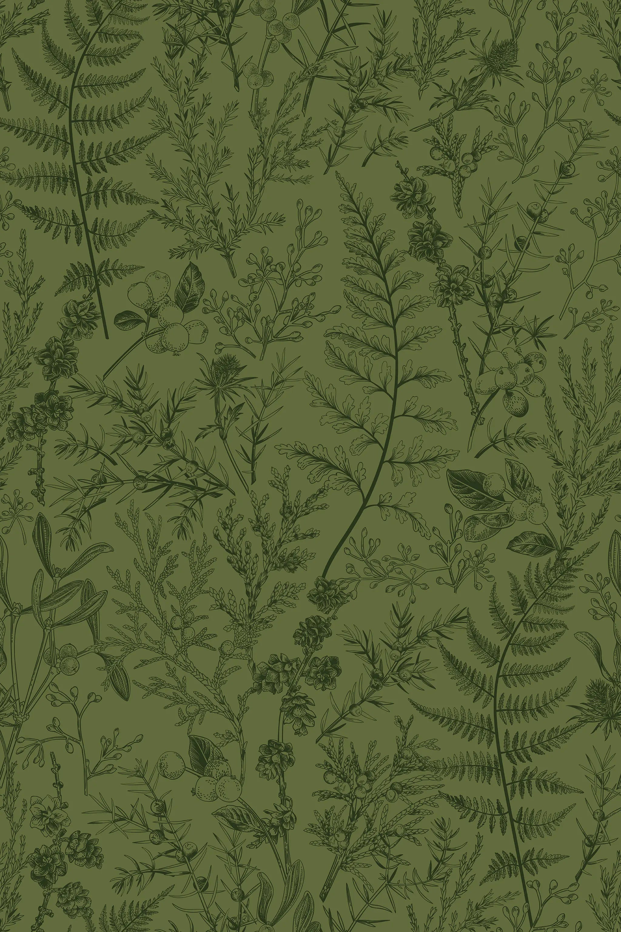 Pattern of various plants and leaves on a green background