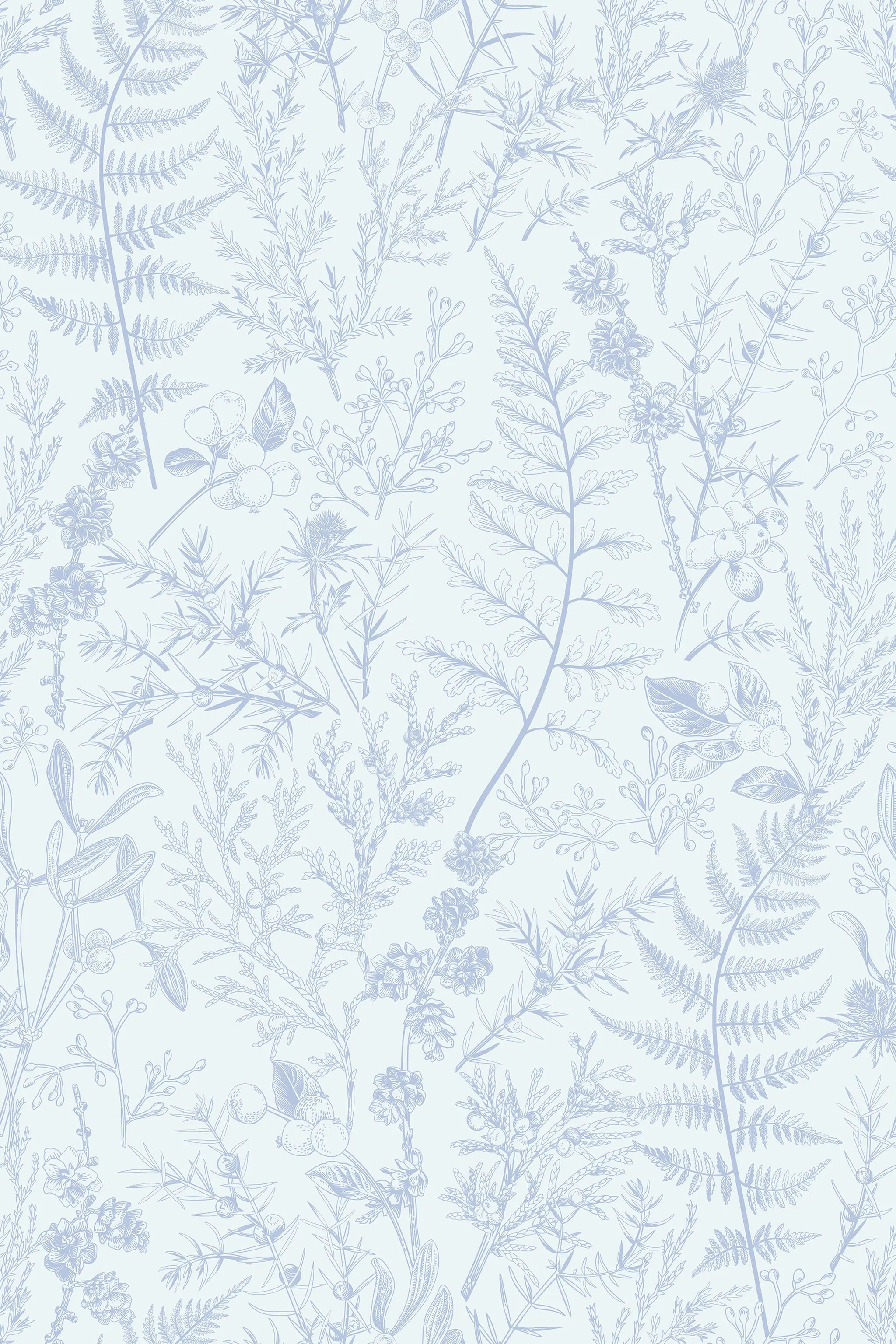 Light blue floral and leaf pattern on a light gray background