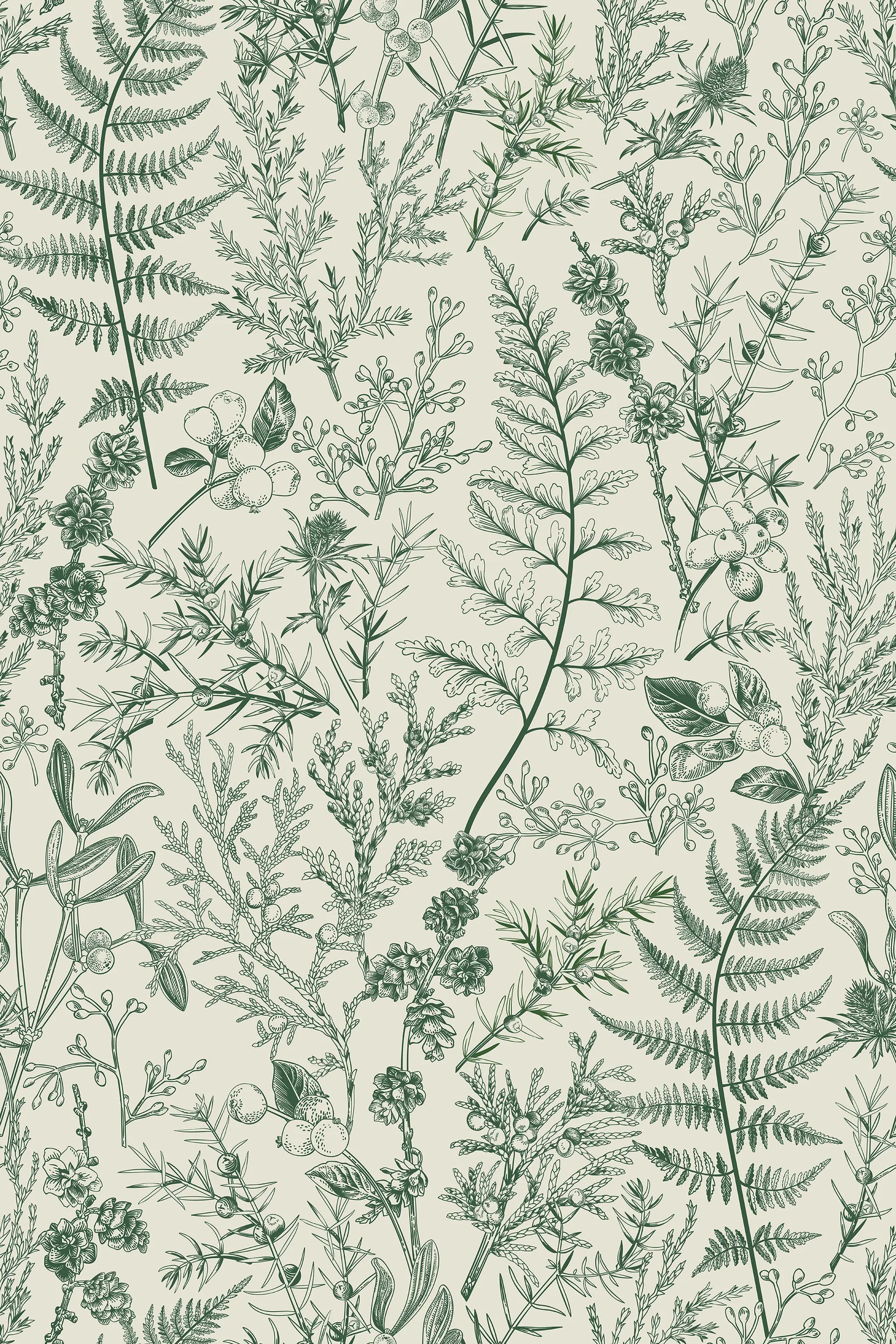 Pattern of green botanical illustrations on a beige background