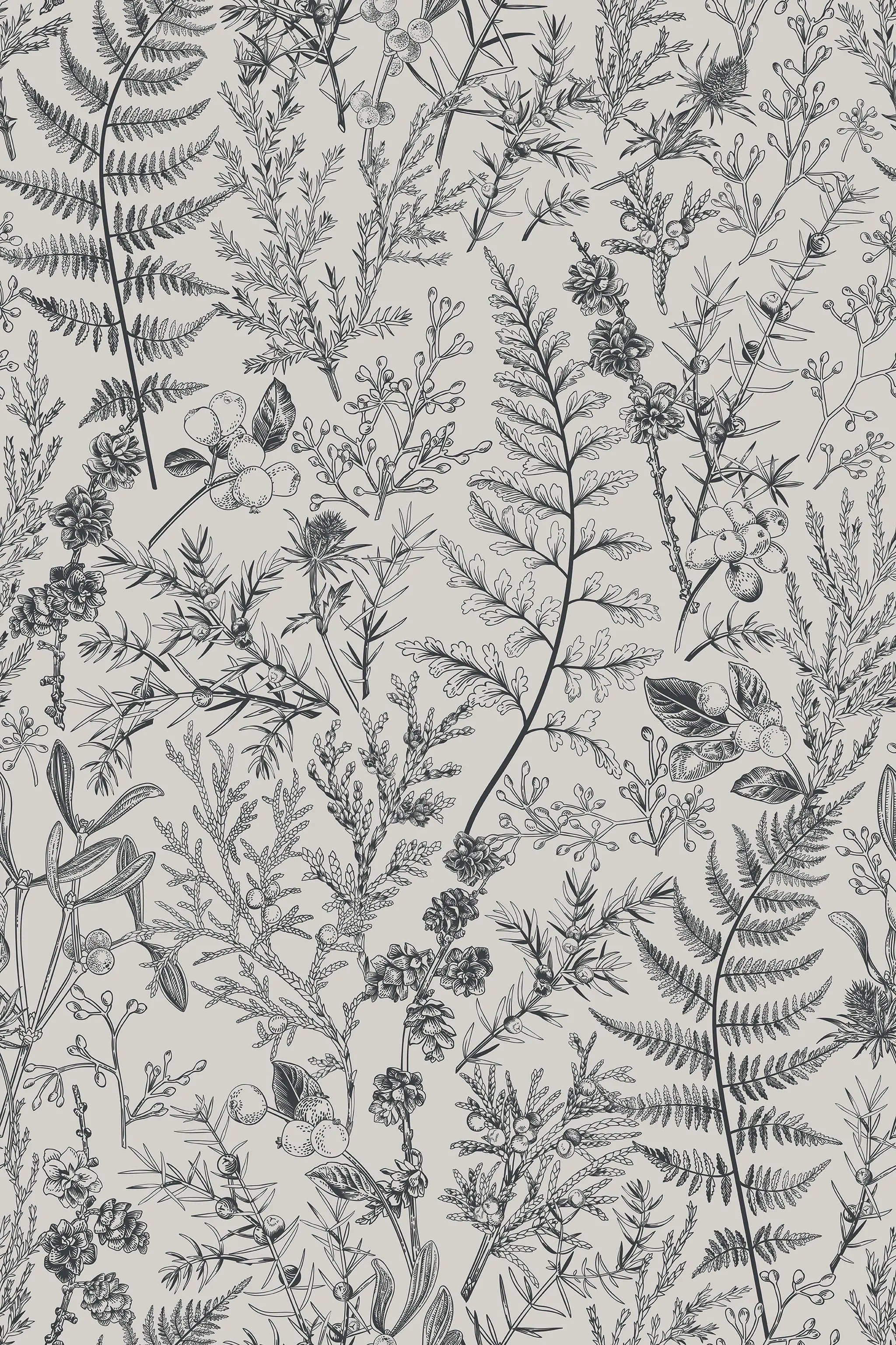 Pattern of black botanical illustrations on a light gray background
