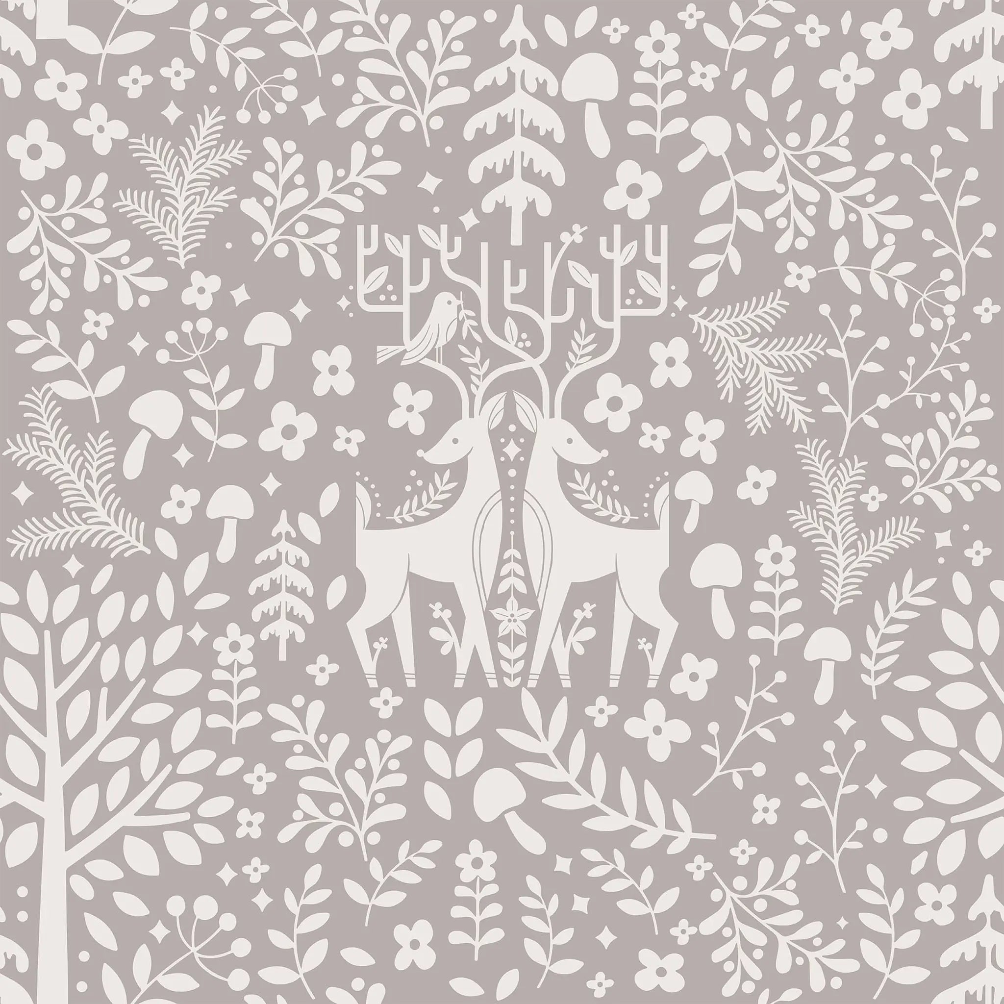 White forest scene with deer, flowers, and trees on a gray background
