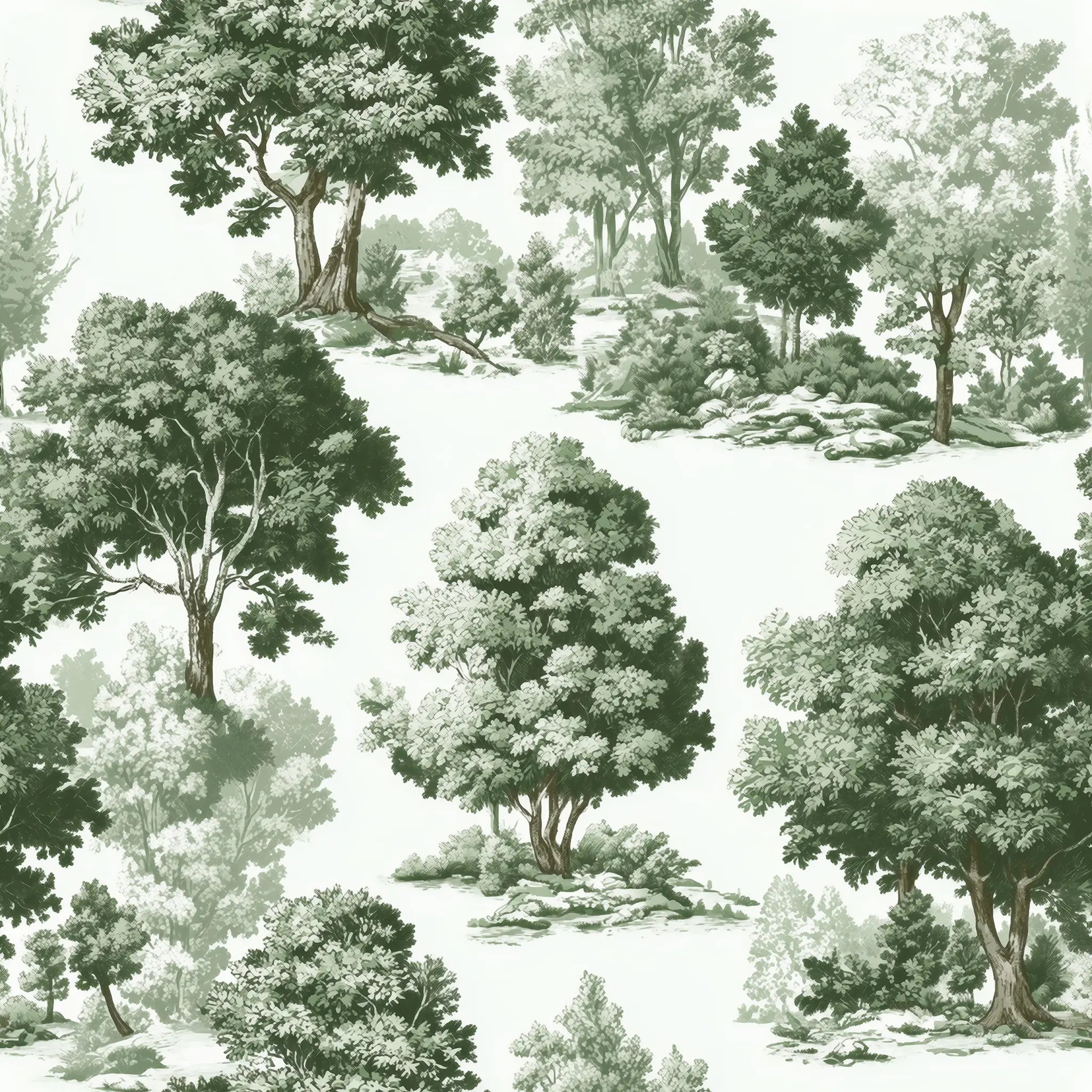 Pattern of green trees and foliage on a white background