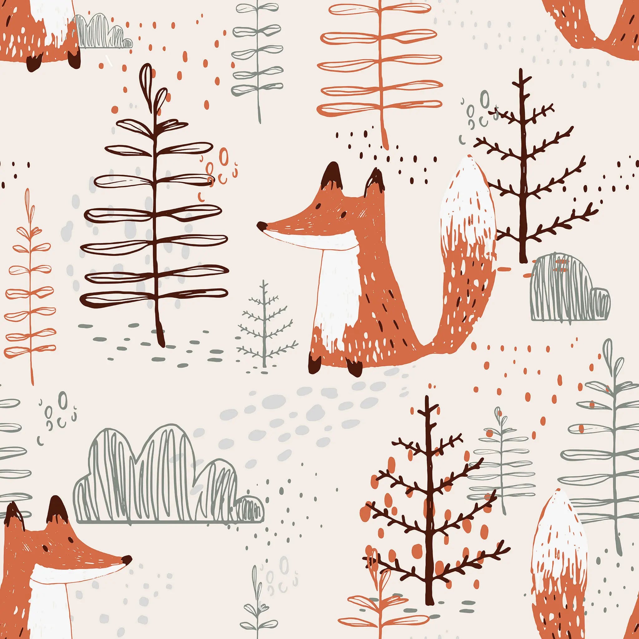 Pattern of foxes and trees on a light background