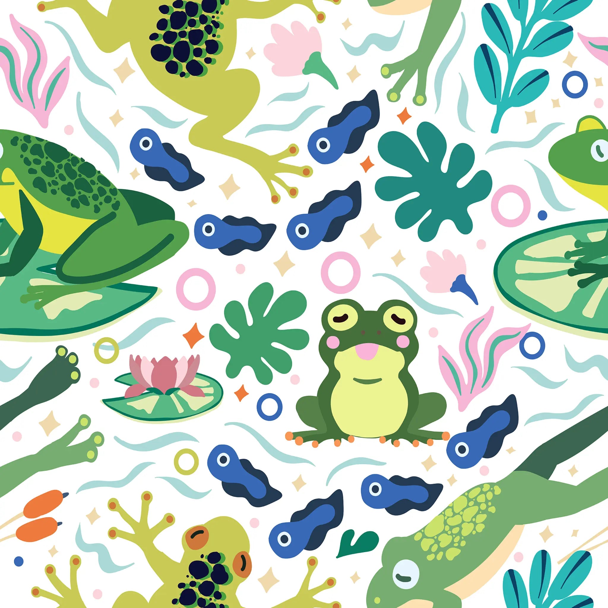 Colorful pattern of frogs and lily pads on a white background