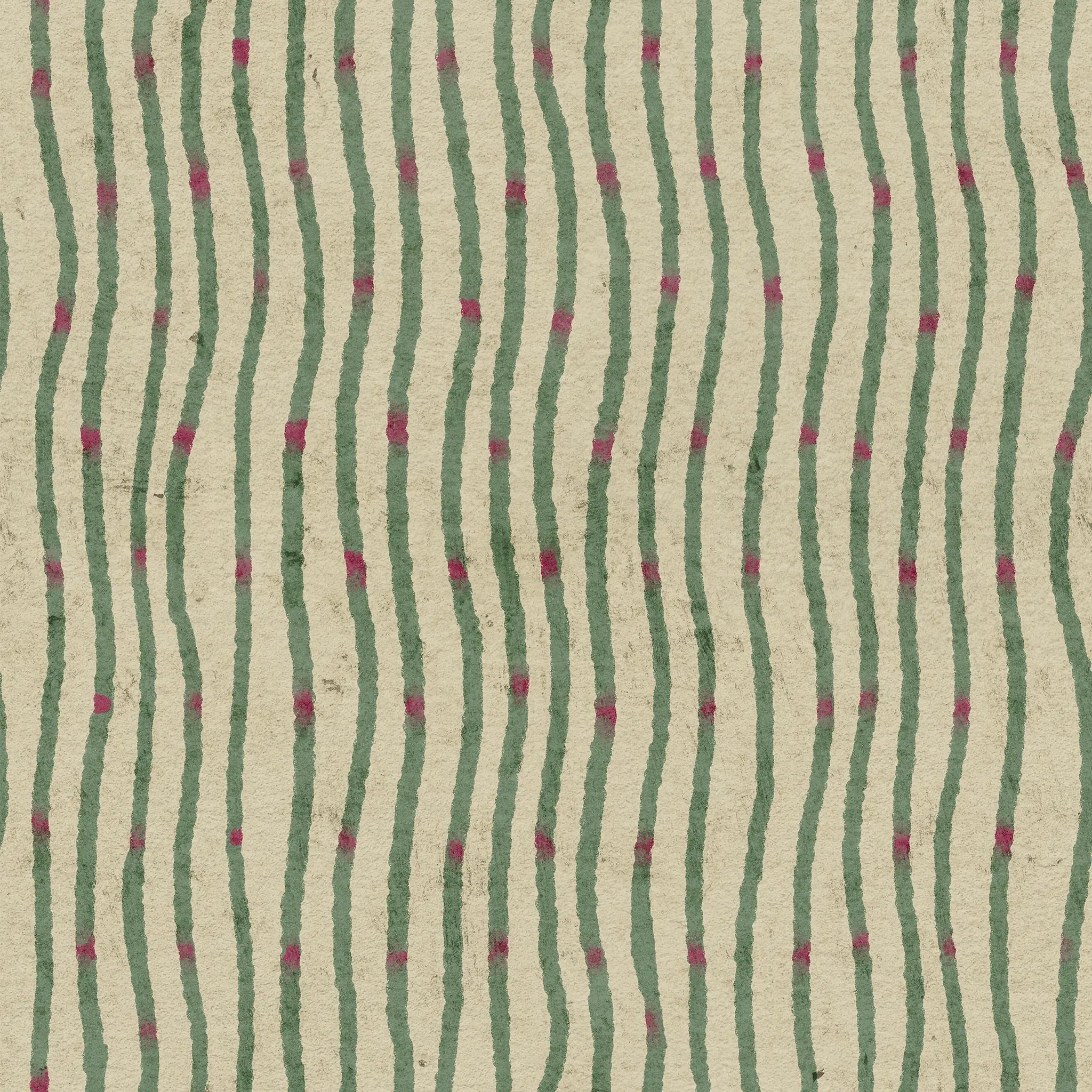 Textile pattern with green wavy lines and pink dots on a beige background