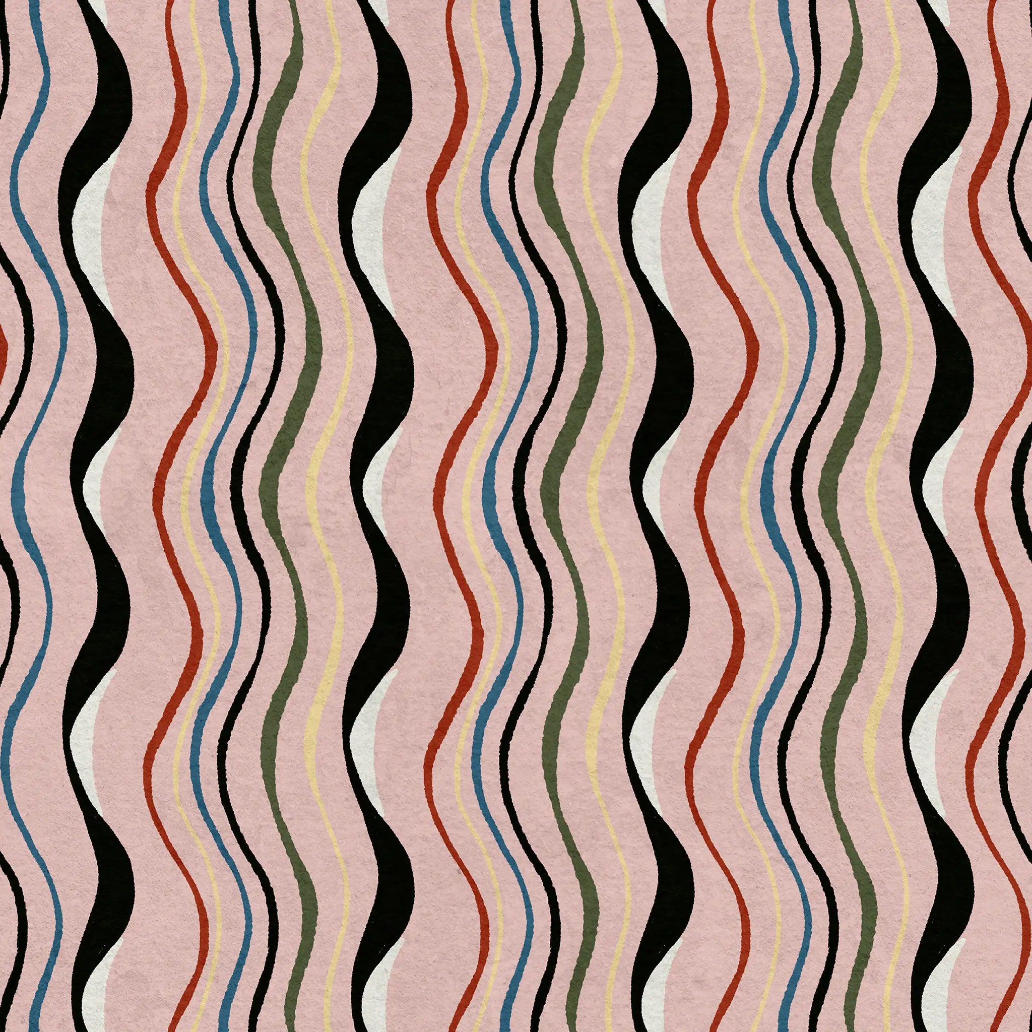 Patterned fabric with wavy lines in various colors on a pink background