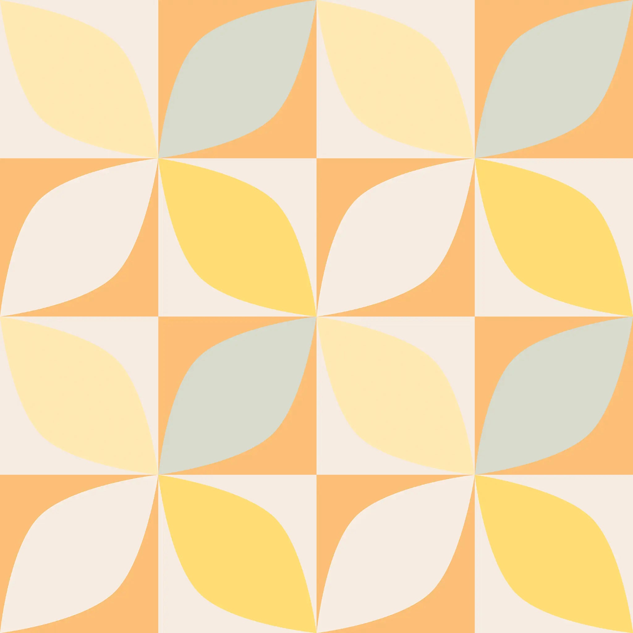 Patterned tile with geometric design in orange, yellow, and gray on a white background