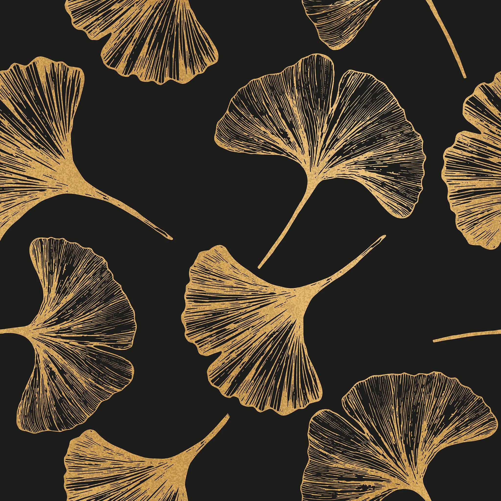 Gold ginkgo leaves pattern on a black background