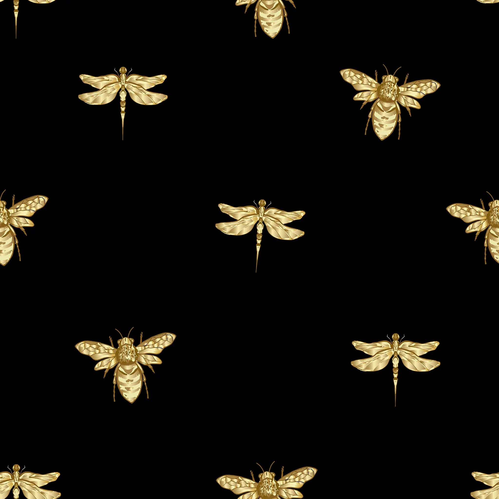Pattern of gold insects on a black background