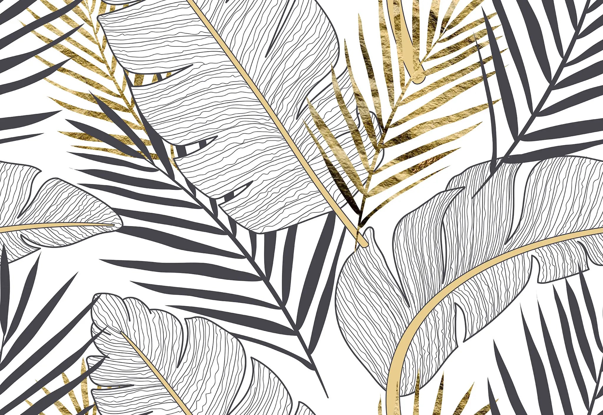 Pattern of black and white leaves with gold accents on a white background
