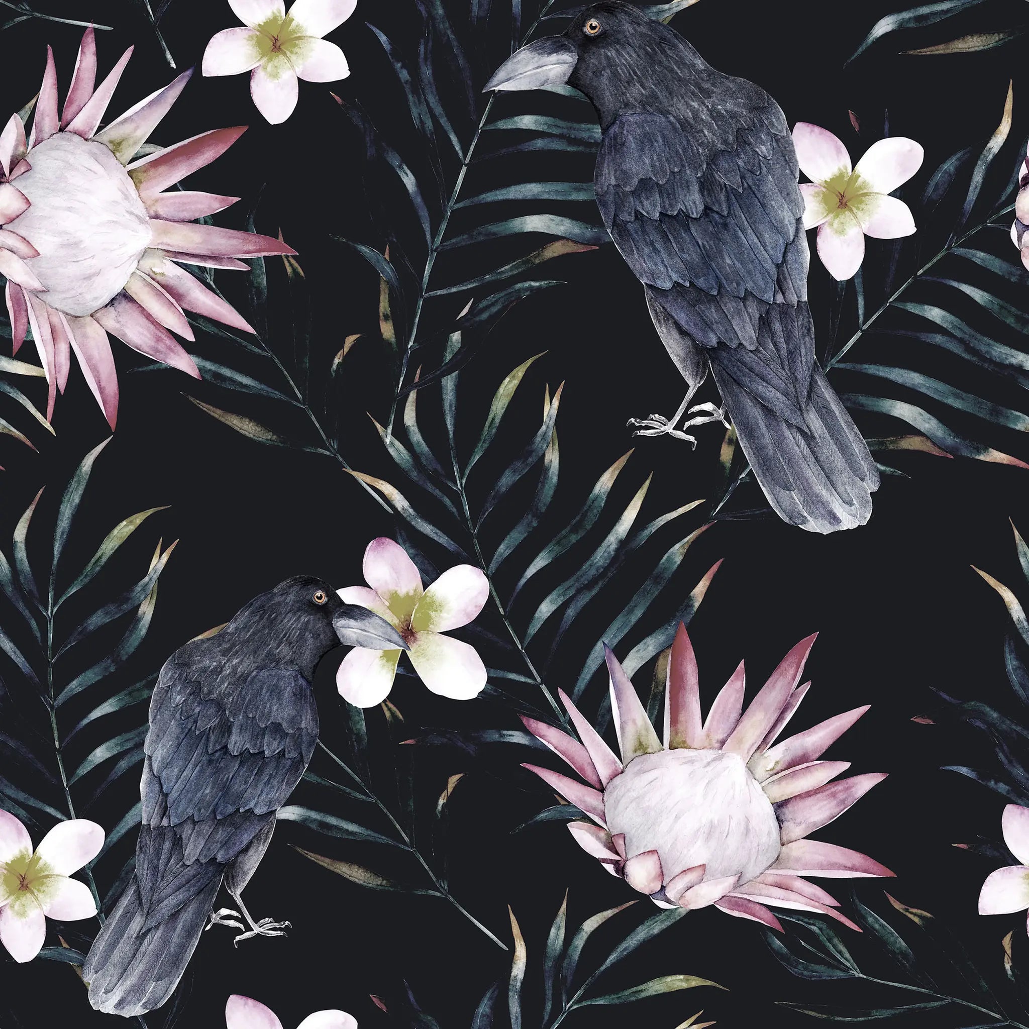 Pattern of black birds and pink flowers on a dark background