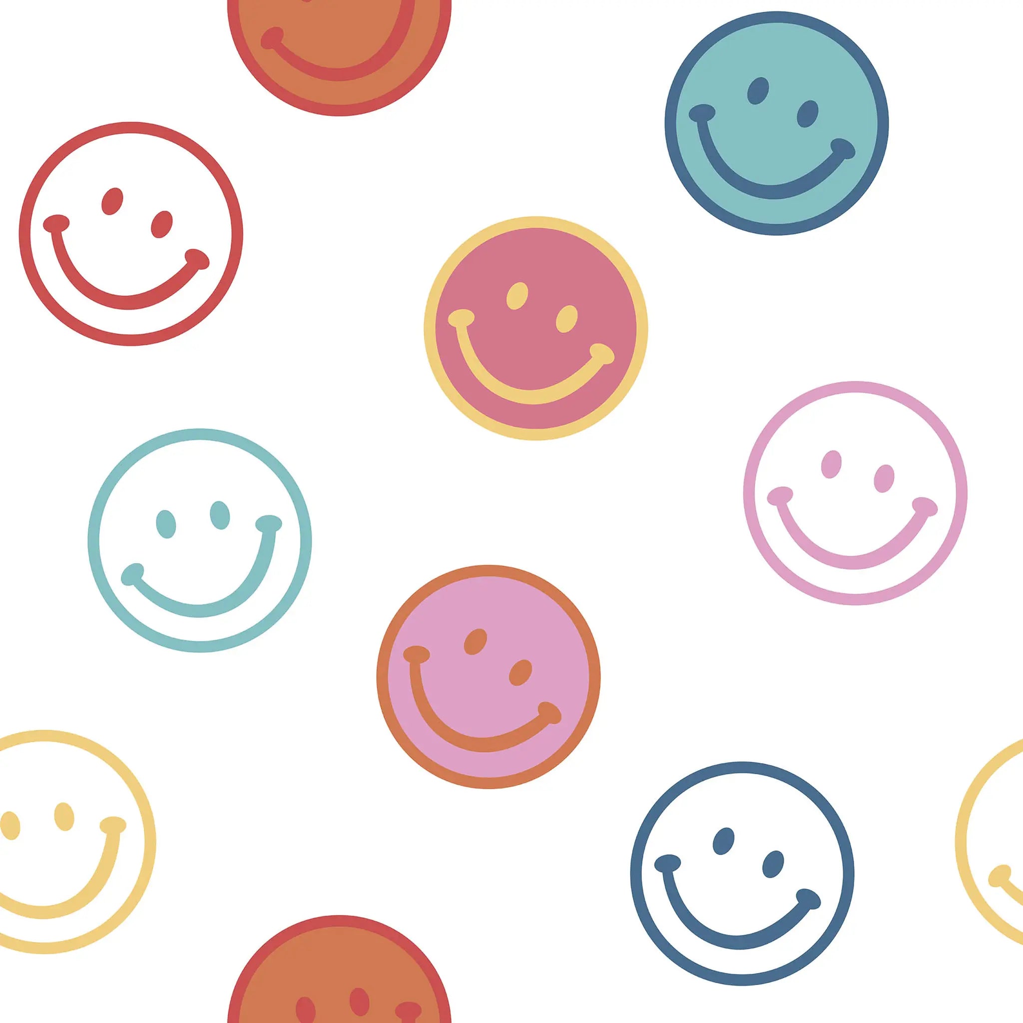 Pattern of colorful smiley faces on a white background