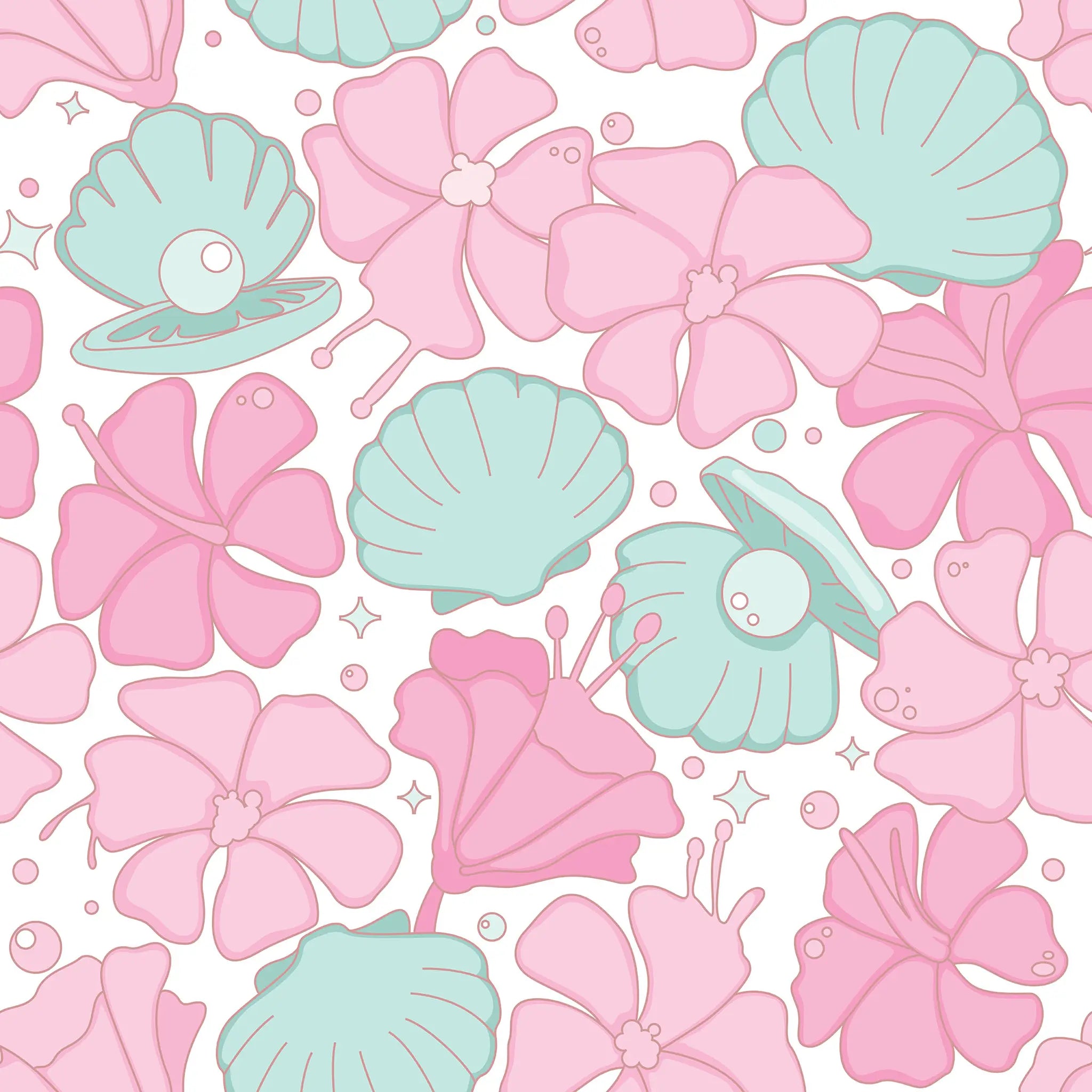 Pattern of pink flowers and green shells on a white background